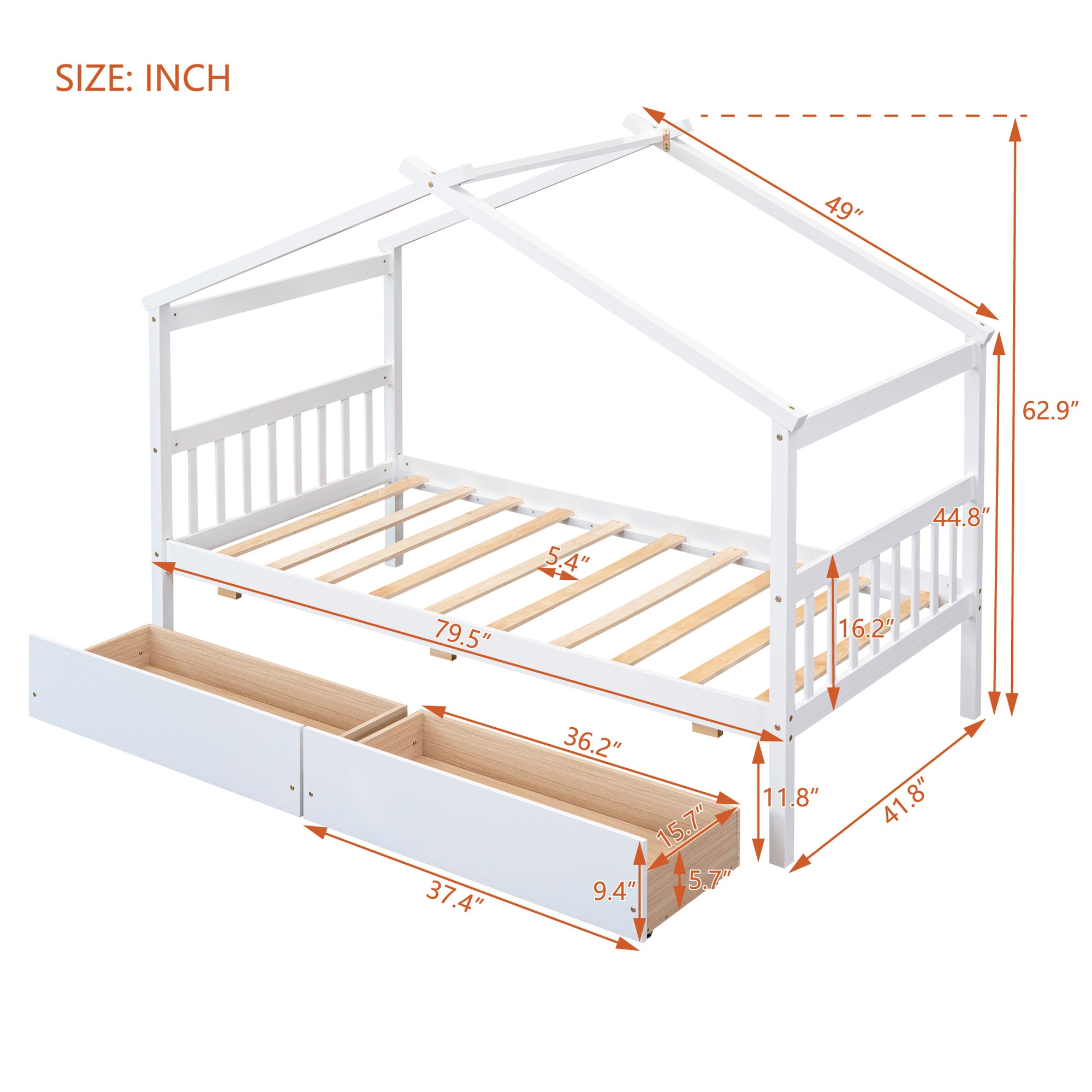 HAOYYE Twin Size Wooden House Bed Frame With Drawers, White, Space-Saving Heavy Duty Modern Design For Adults And Dorm Rooms, Easy Assembly Bedroom Furniture