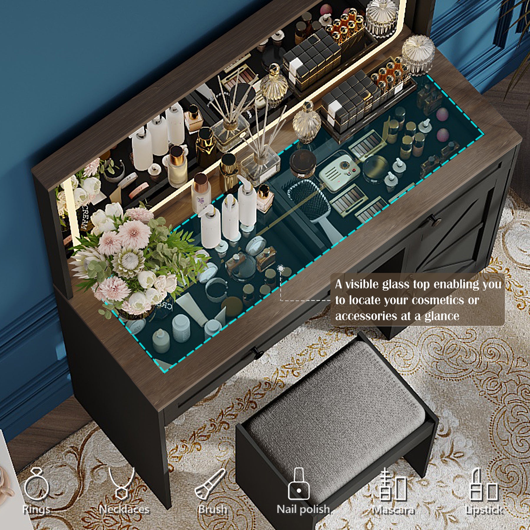 HAOYYE Makeup Vanity Table with LED Light, Large Mirror, Adjustable Brightness, Dressing Table Desk with 3 Drawers, Black Vanity Desk with Stool, Sturdy Space-Saving Design