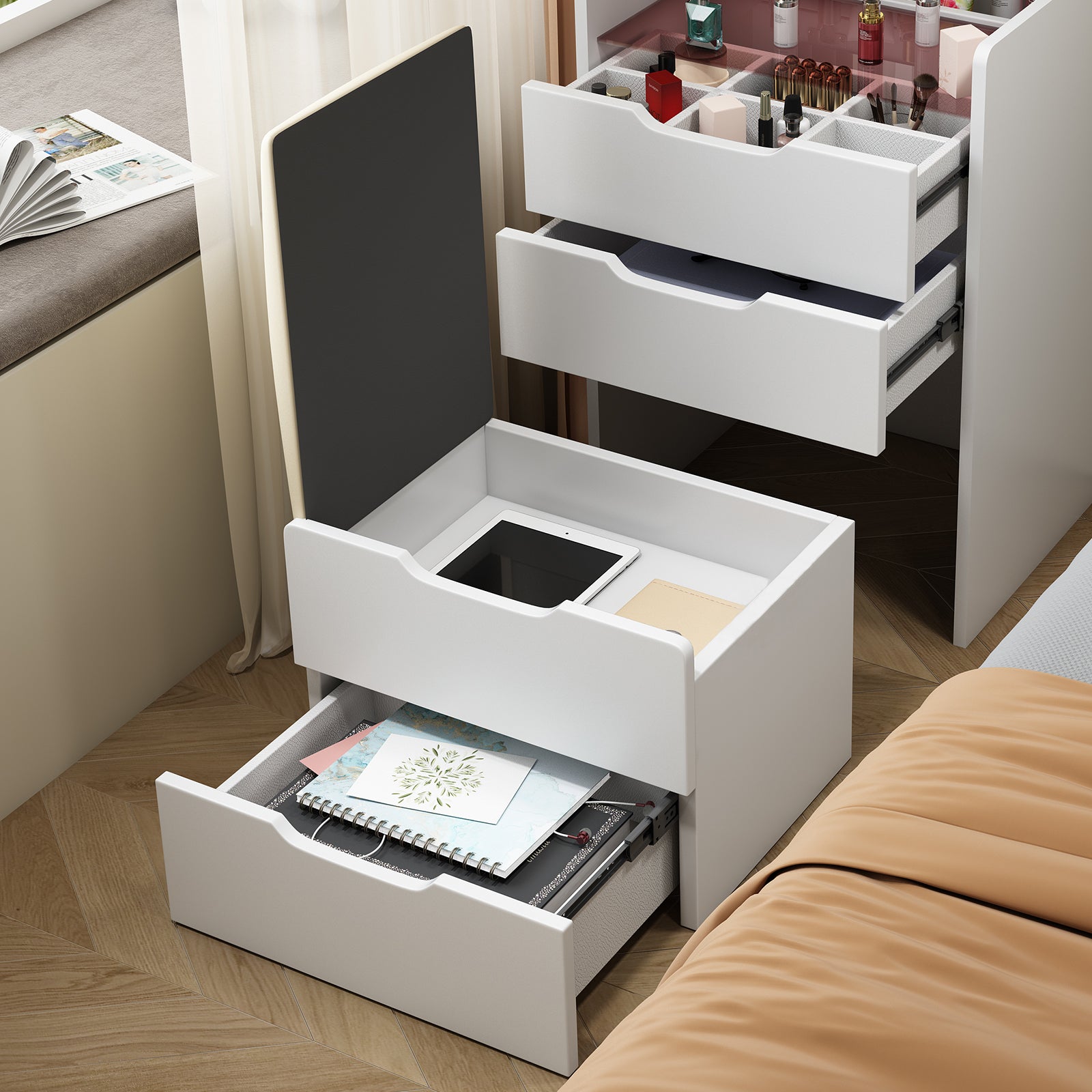 HAOYYE 3-in-1 Vanity Desk with Flip-Top Mirror, Small Makeup Vanity Set with Glass Desktop, Compact Dressing Table with 3 Drawers and Cushioned Stool, Christmas Gift, Sturdy and Stylish Home Furniture