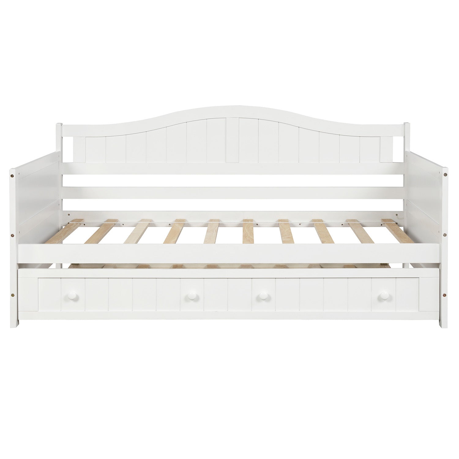 HAOYYE Twin Wooden Daybed with Trundle Bed White Durable Sturdy Space-Saving Heavy Duty Modern Design Easy Assembly Stylish Versatile Sofa Bed for Bedroom and Living Room