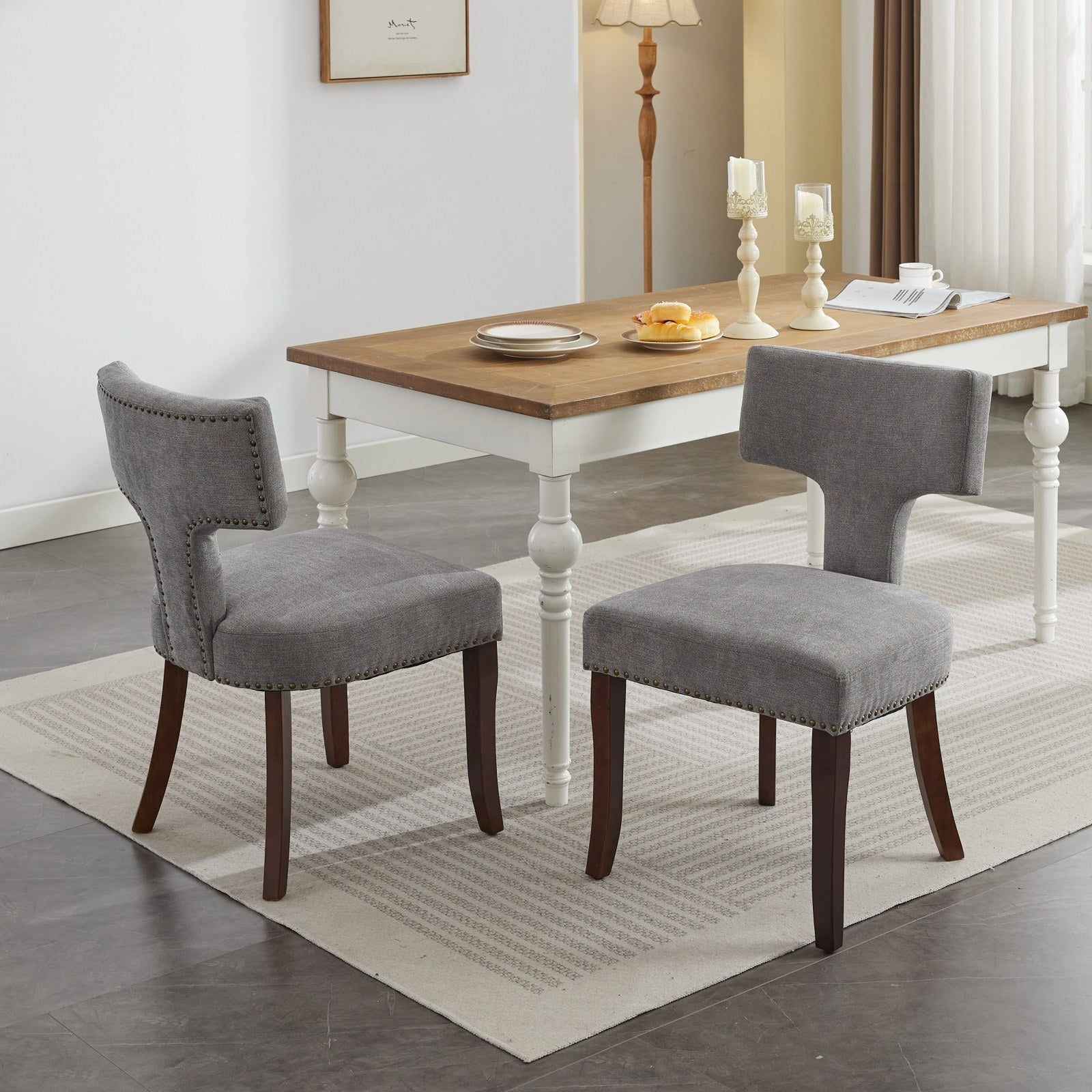 HAOYYE Mid Century Modern Dining Chairs Set of 2, Farmhouse Linen Fabric Upholstered Accent Chair Curved Backrest with Copper Nails around,Kitchen Chairs with Hardwood Frame, Gray Sturdy Space-Saving Durable