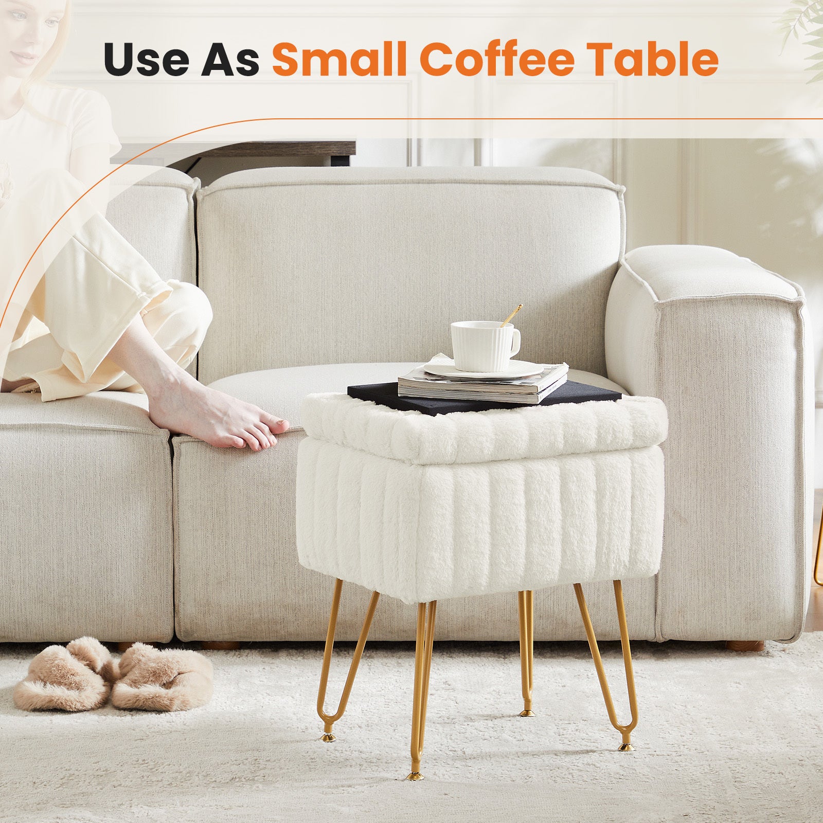 HAOYYE White Faux Fur Vanity Stool Chair With Storage, Soft Padded Makeup Ottoman Seat, 4 Sturdy Metal Legs With Anti-Slip Adjustable Feet, Modern Space-Saving Design For Adults, Suitable For Bedroom Or Dressing Room
