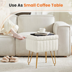 HAOYYE White Faux Fur Vanity Stool Chair With Storage, Soft Padded Makeup Ottoman Seat, 4 Sturdy Metal Legs With Anti-Slip Adjustable Feet, Modern Space-Saving Design For Adults, Suitable For Bedroom Or Dressing Room