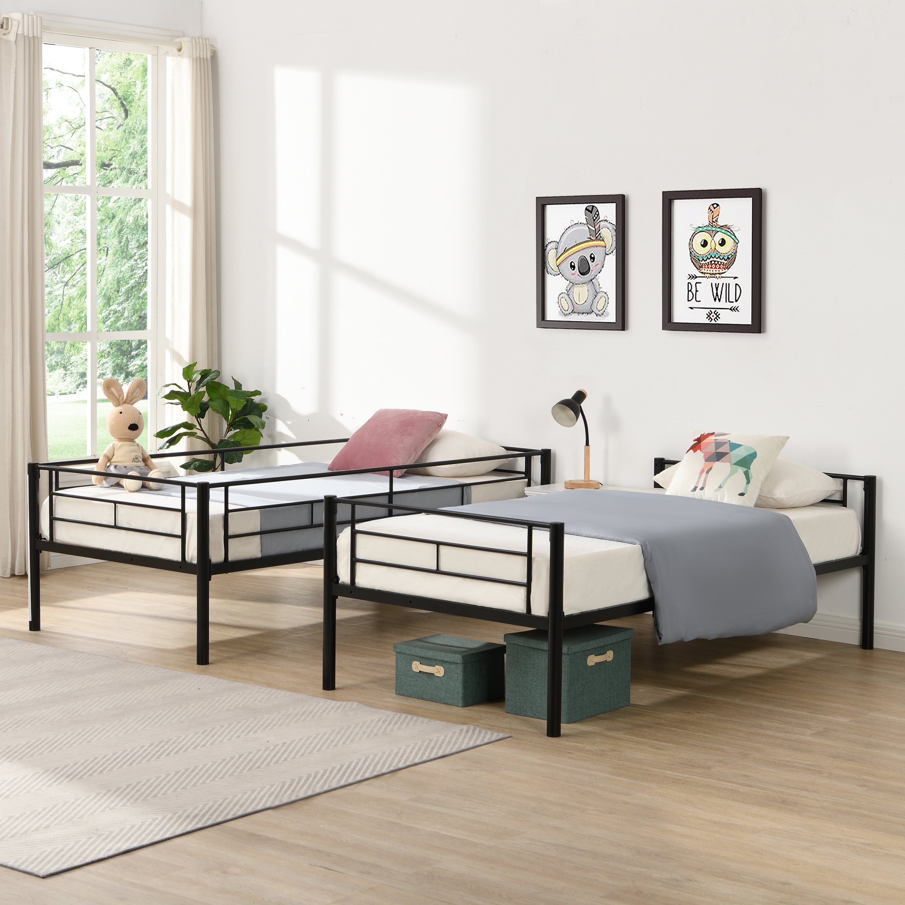 HAOYYE Bunk Bed Twin Over Twin Size with 2 Ladders and Full-Length Guardrail, Metal, Storage Space, No Box Spring Needed, Noise Free, Black Sturdy Space-Saving Heavy Duty Modern Design Easy Assembly Durable