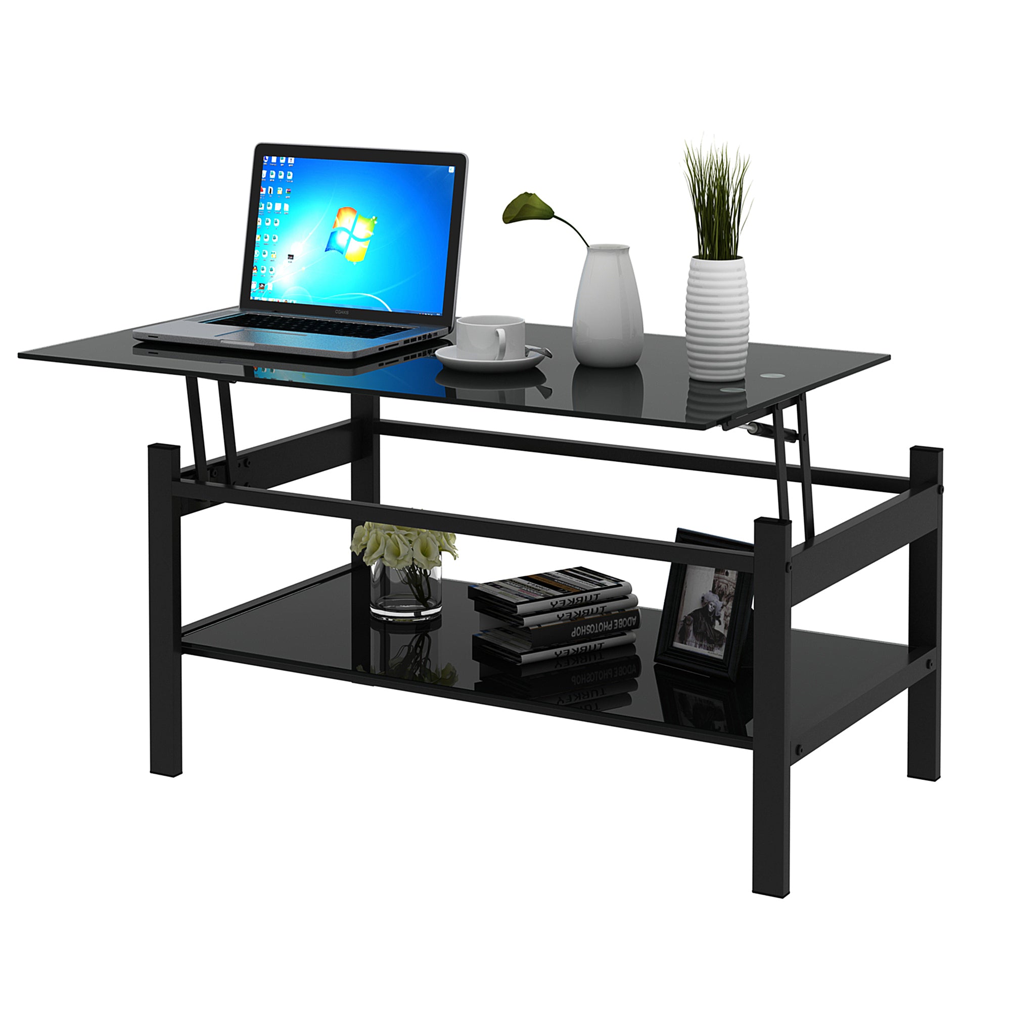HAOYYE Glass Lift Top Coffee Table, Modern Simple 2-Layer Tempered Glass Coffee Table for Living Room, Black Sturdy Space-Saving Heavy Duty Modern Design Adults Dorm Room Easy Assembly Bedroom Furniture