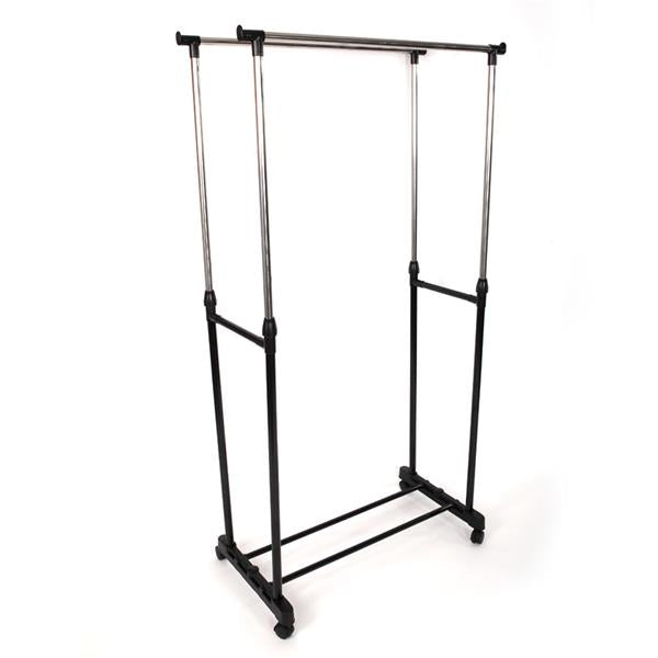 HAOYYE Dual-Bar Adjustable Clothes Rack with Shoe Shelf, Black & Silver, Durable Space-Saving Organizer for Closet and Bedroom, Vertical & Horizontal Stretching Design, Premium Quality, Stylish Modern Look, Versatile Use, Sturdy Construction