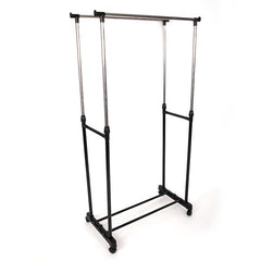 HAOYYE Dual-Bar Adjustable Clothes Rack with Shoe Shelf, Black & Silver, Durable Space-Saving Organizer for Closet and Bedroom, Vertical & Horizontal Stretching Design, Premium Quality, Stylish Modern Look, Versatile Use, Sturdy Construction