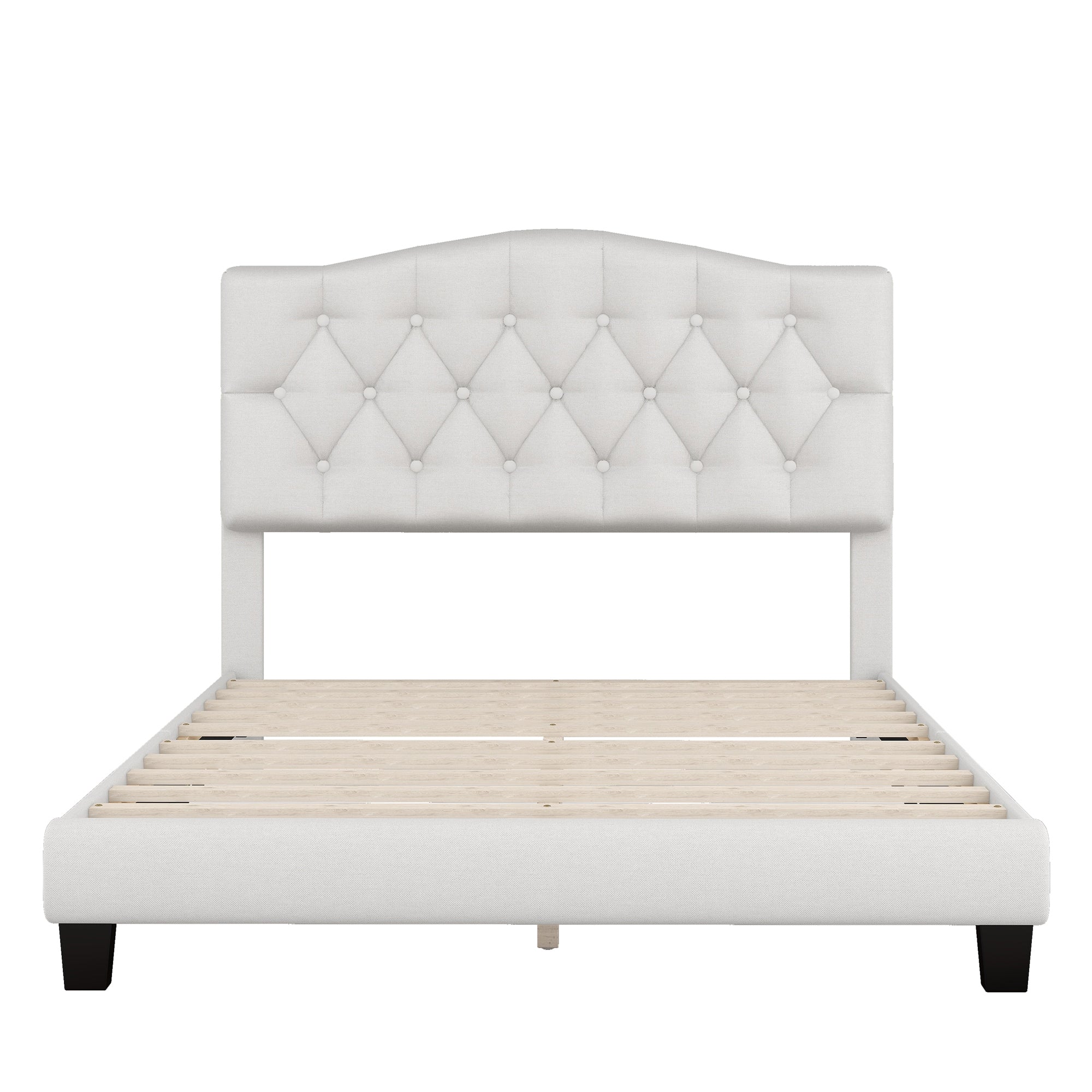 HAOYYE Upholstered Platform Bed with Saddle Curved Headboard and Diamond Tufted Details, Full, Beige Sturdy Space-Saving Heavy Duty Modern Design Adults Dorm Room Easy Assembly Bedroom Furniture