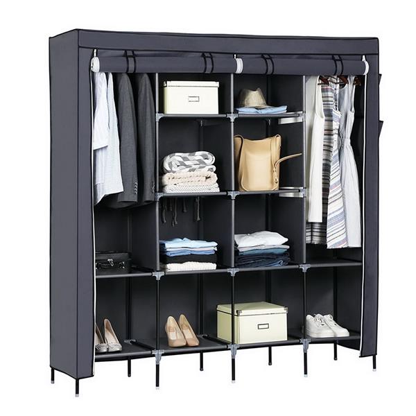 DE Direct HAOYYE Portable Clothes Closet Wardrobe with 12 Storage Shelves and 4 Side Pockets for Bedroom Entryway Garage Fabric Clothes Organizer with Zippered Cover Dustproof Freestanding Clothes Storage Rack