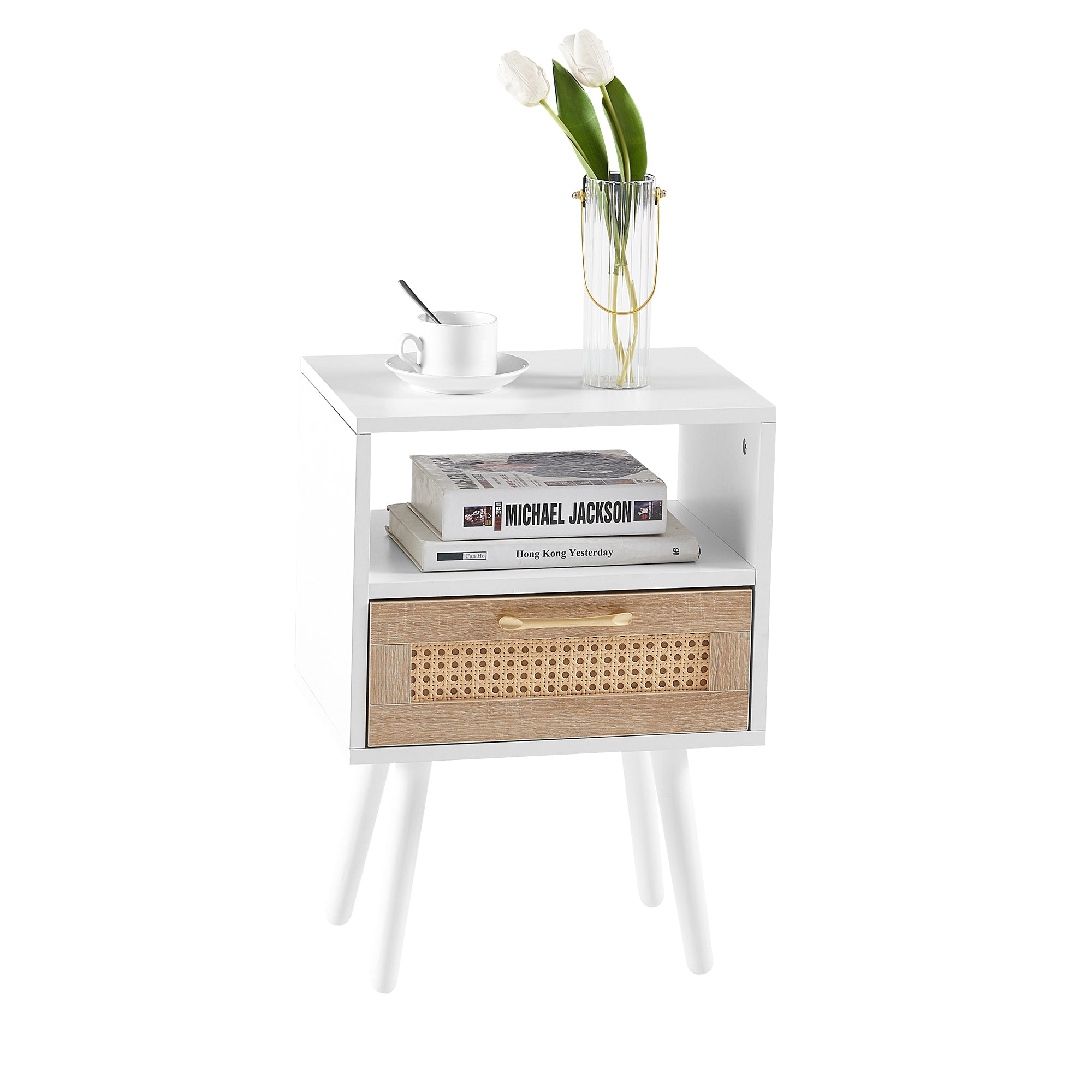 HAOYYE Rattan End Table With Drawer And Solid Wood Legs, Modern Nightstand For Bedroom And Living Room, Sturdy Space-Saving Heavy Duty Design, Easy Assembly, White