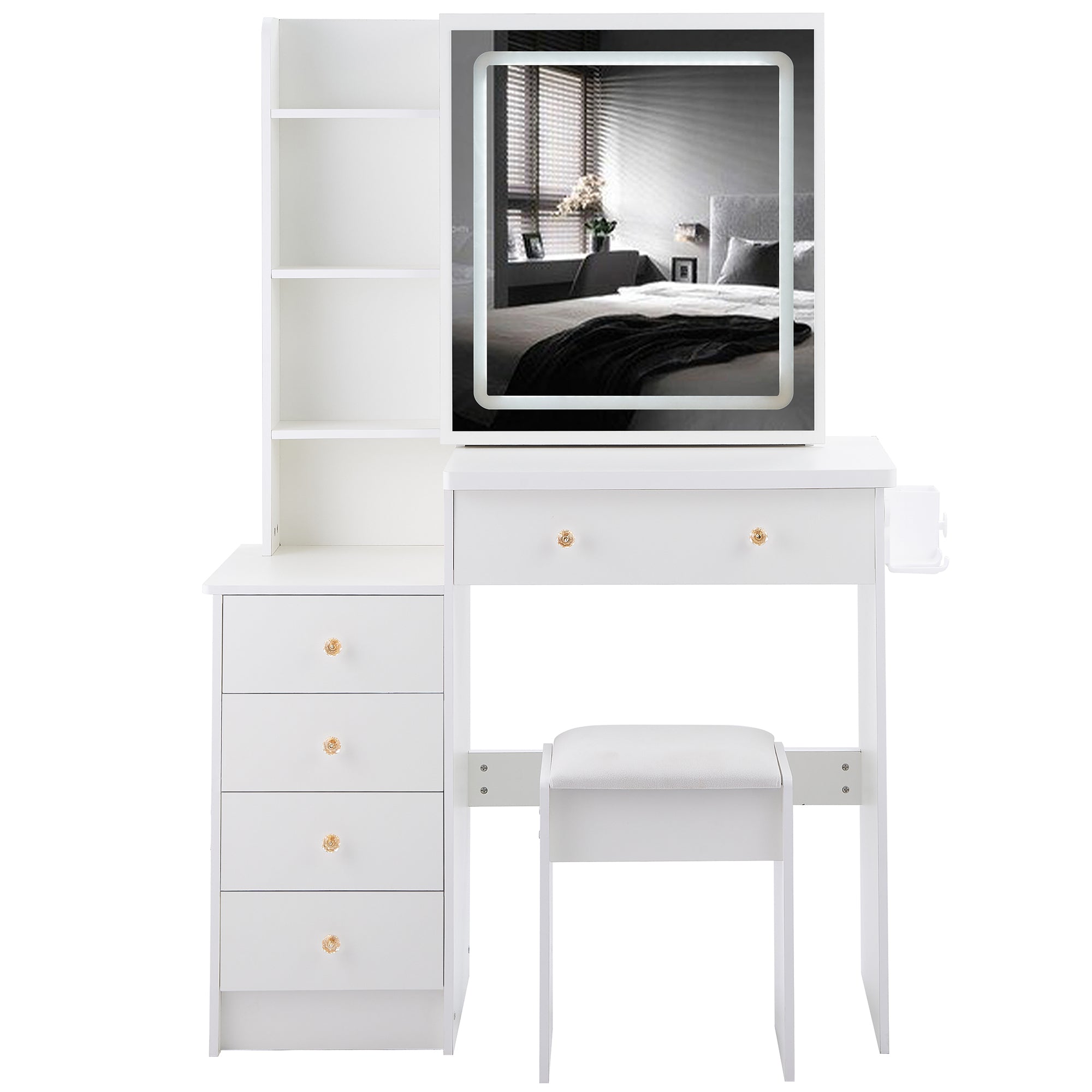 HAOYYE 37" Middle Size Left Bedside Cabinet Vanity Table + Cushioned Stool Dresser Set, 2 AC+2 USB Socket, Hair Dryer Stand, Large Touch Control LED Sliding Mirror, 3-color Switch, EPA, GCC, UL Certificate