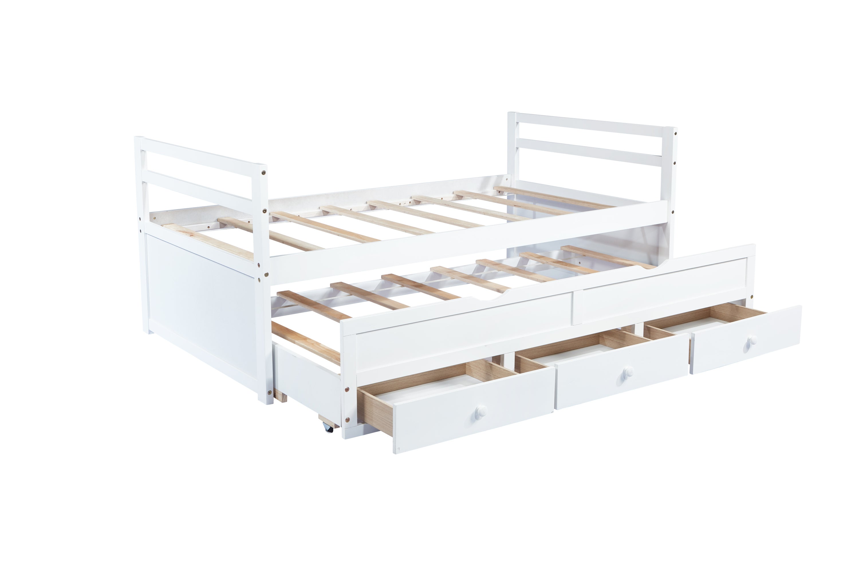 HAOYYE Twin Bed with Headboard, Footboard, Trundle and Storage Drawers, Pine Wood Twin Size Bed, White, Sturdy Space-Saving Heavy Duty Construction, Ideal for Adults and Dorm Rooms