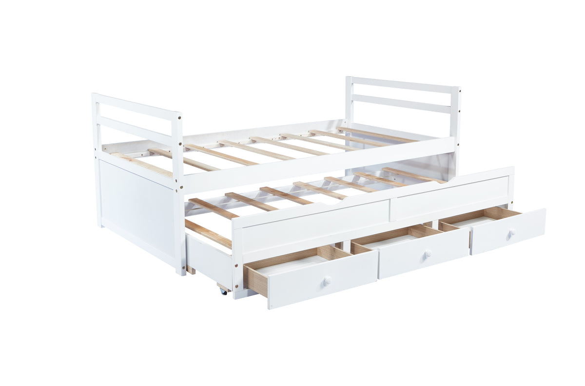 HAOYYE Twin Bed with Headboard, Footboard, Trundle and Storage Drawers, Pine Wood Twin Size Bed, White, Sturdy Space-Saving Heavy Duty Construction, Ideal for Adults and Dorm Rooms