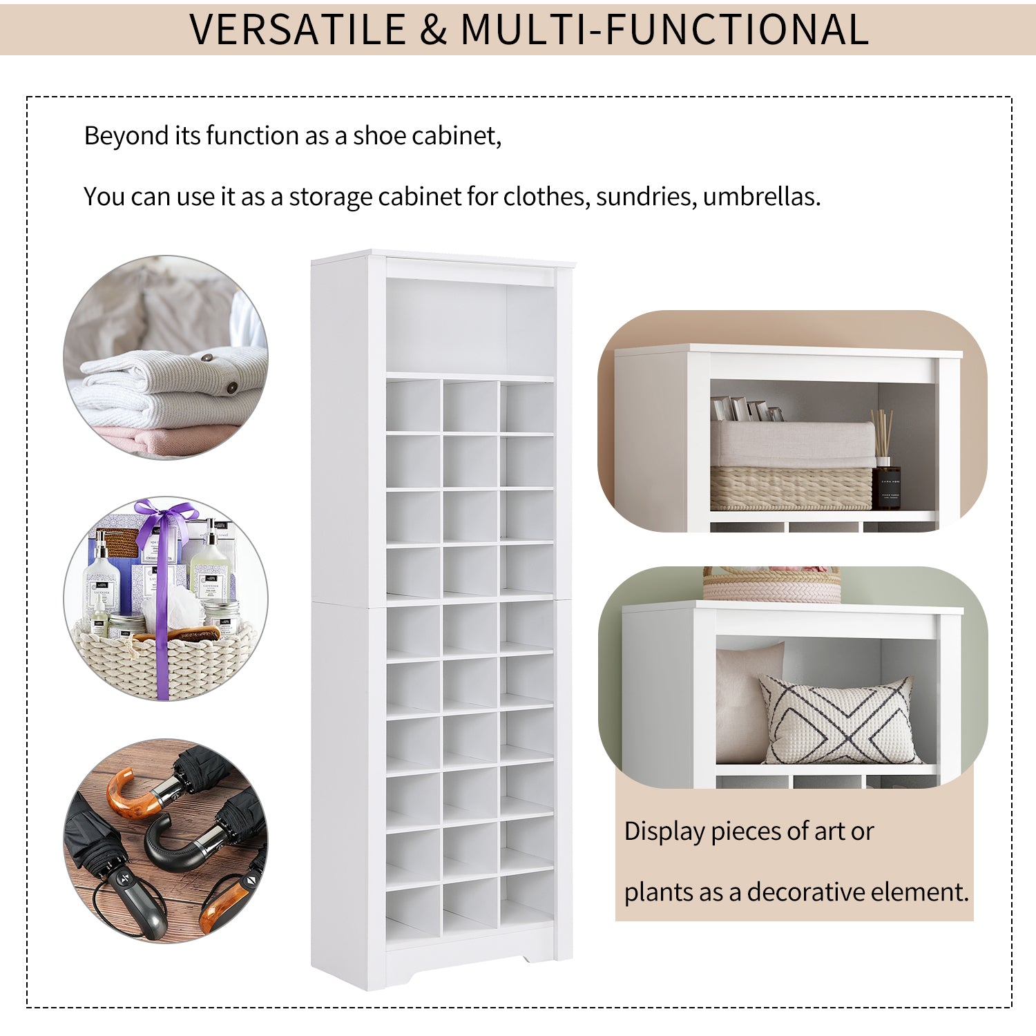 HAOYYE ON-TREND Stylish Design 30 Shoe Cubby Console, Contemporary Shoe Cabinet with Multiple Storage Capacity, Free Standing Tall Cabinet with Versatile Use for Hallway, Bedroom, White Sturdy Space-Saving