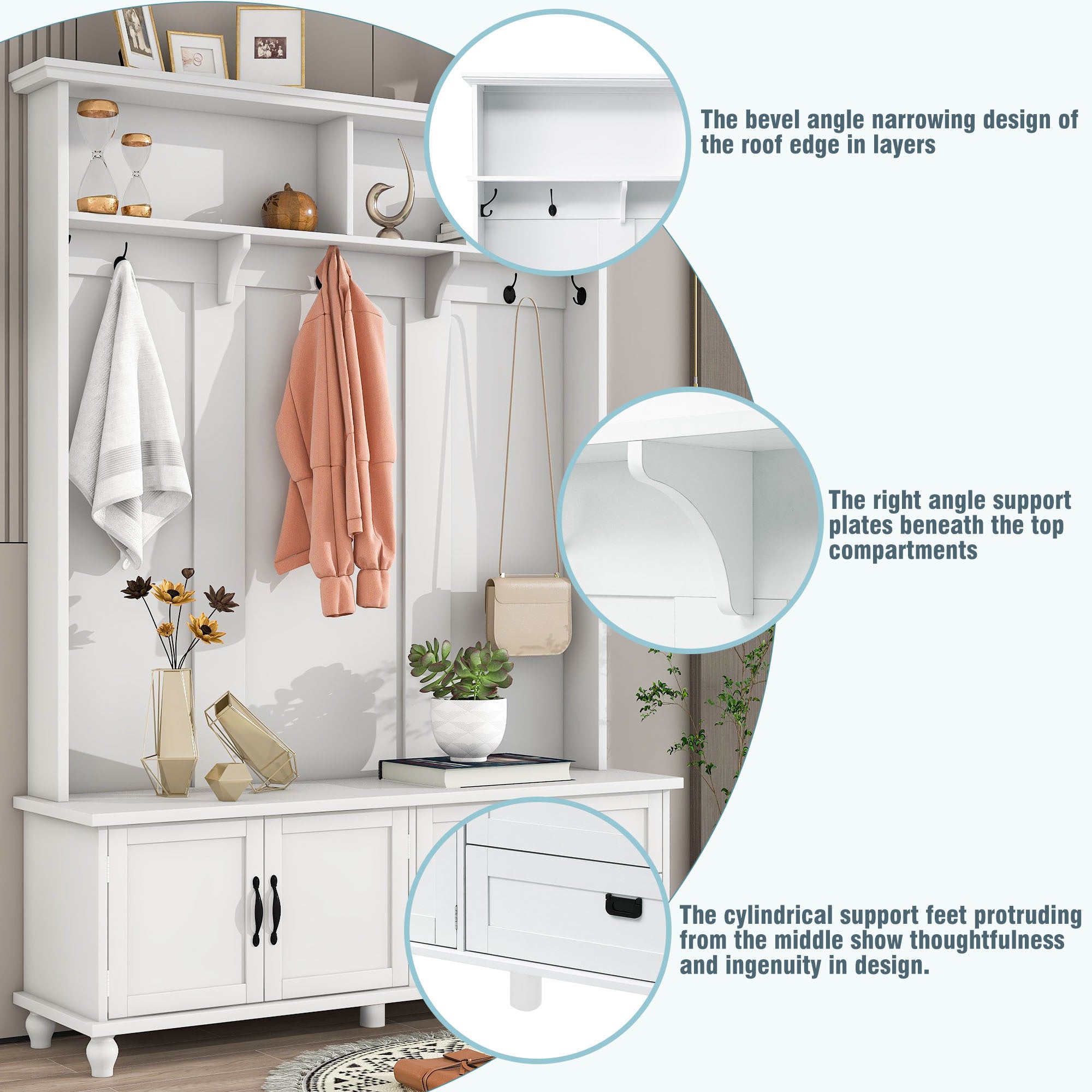 HAOYYE Modern White Hall Tree with Storage Cabinet, 2 Large Drawers, and 5 Coat Hooks, Sturdy Space-Saving Mudroom Bench, Heavy Duty Design for Adults