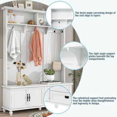 HAOYYE Modern White Hall Tree with Storage Cabinet, 2 Large Drawers, and 5 Coat Hooks, Sturdy Space-Saving Mudroom Bench, Heavy Duty Design for Adults