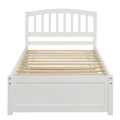 HAOYYE Twin size Platform Bed Wood Bed Frame with Trundle, White Sturdy Space-Saving Heavy Duty Modern Design Easy Assembly Durable Stylish Home Furniture Versatile