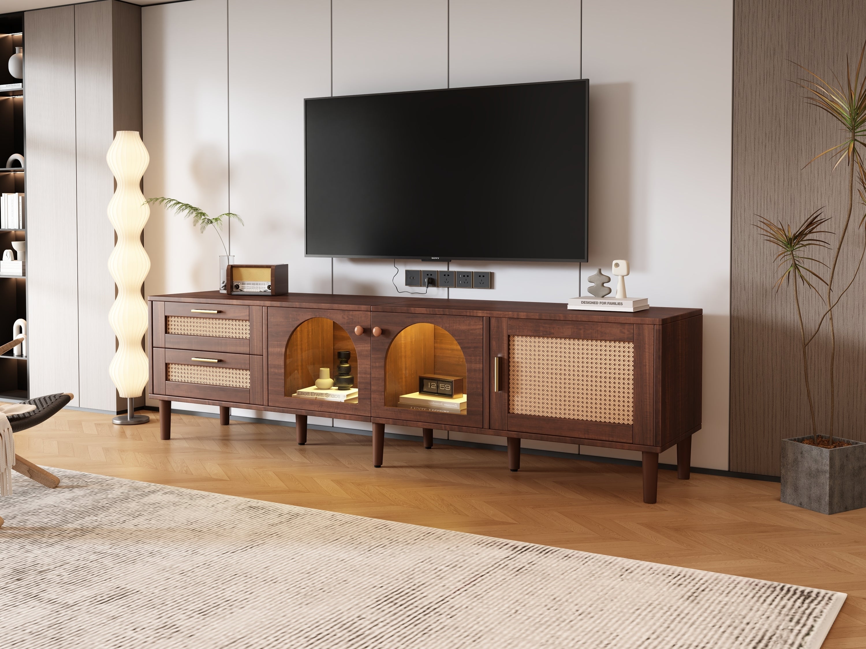 HAOYYE Rattan TV Stand with 3 Cabinets & 2 Drawers, Rattan-Inspired Media Console Table for TVs up to 80", LED Light Entertainment Center, TV Cabinet for Living Room, Bedroom, Home Theater, Sturdy Heavy Duty Construction