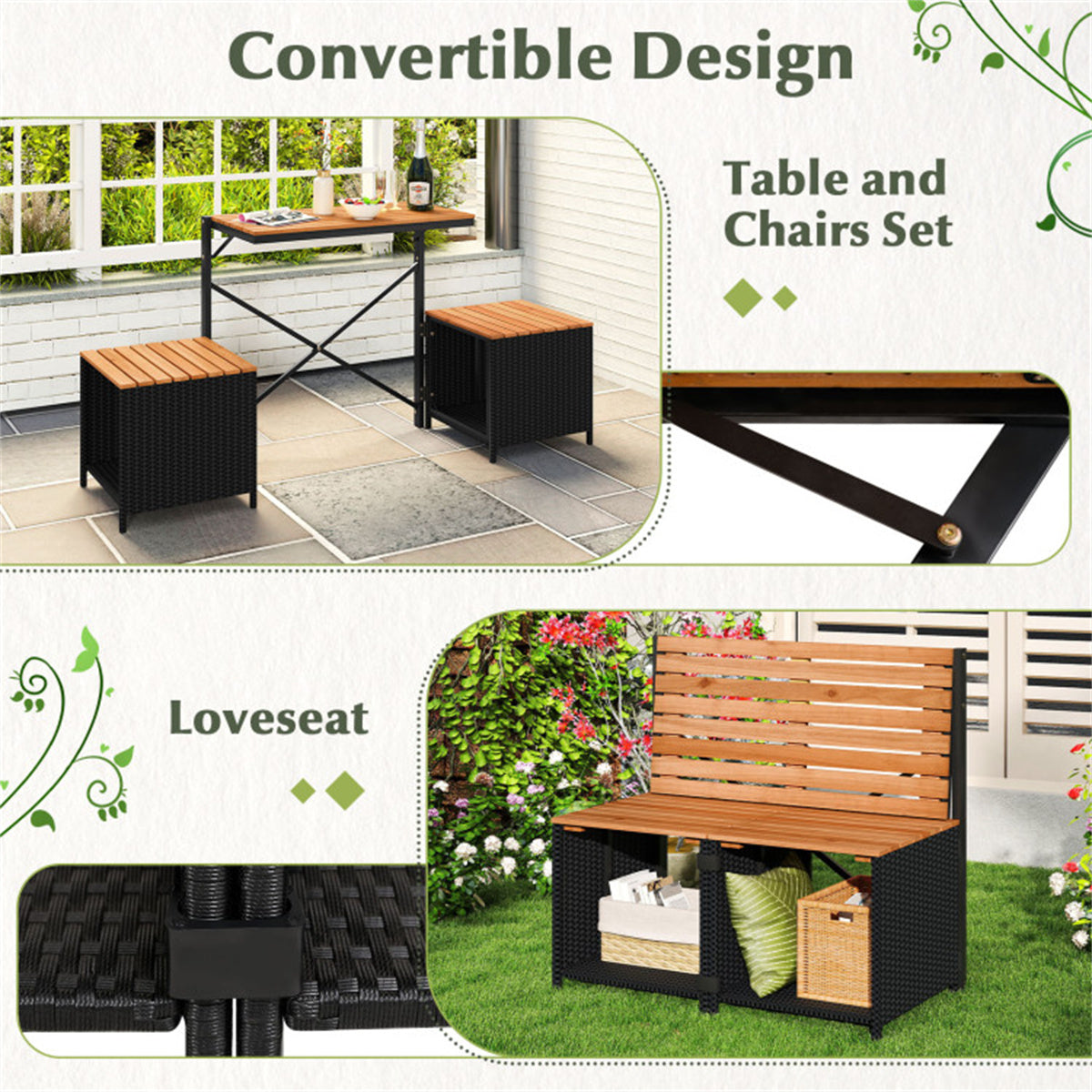 HAOYYE Black PE Rattan 2-in-1 Convertible Picnic Table and Chair Set with Storage, Hand-Woven Weather-Resistant Outdoor Furniture, Solid Acacia Wood Frame, Heavy-Duty Metal Support, Perfect for Patio, Garden, Backyard, Porch Use