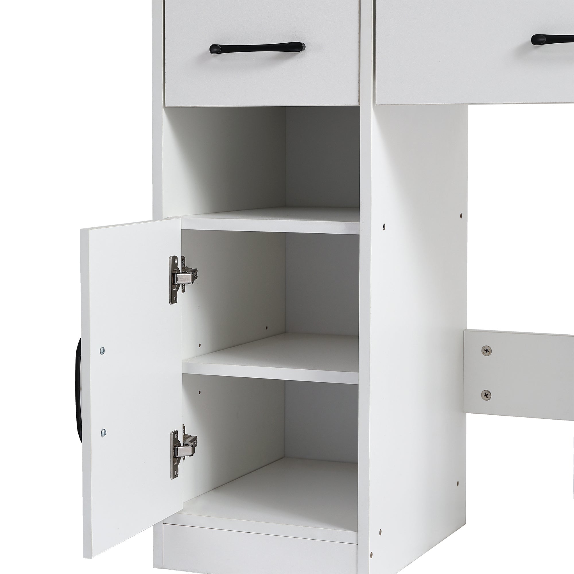 HAOYYE Vanity Desk Set with Lighted Mirror, 3-Color Adjustable Brightness, White Dressing Table with 2 Drawers, Storage Cabinet, and Upholstered Stool, Sturdy Space-Saving Design