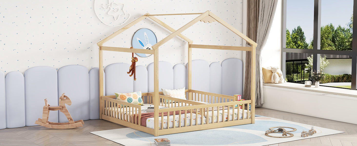 HAOYYE Double Twin House-Style Floor Bed with Fence, Guardrails, without door, Natural Sturdy Space-Saving Heavy Duty Modern Design Adults Dorm Room Easy Assembly Bedroom Furniture