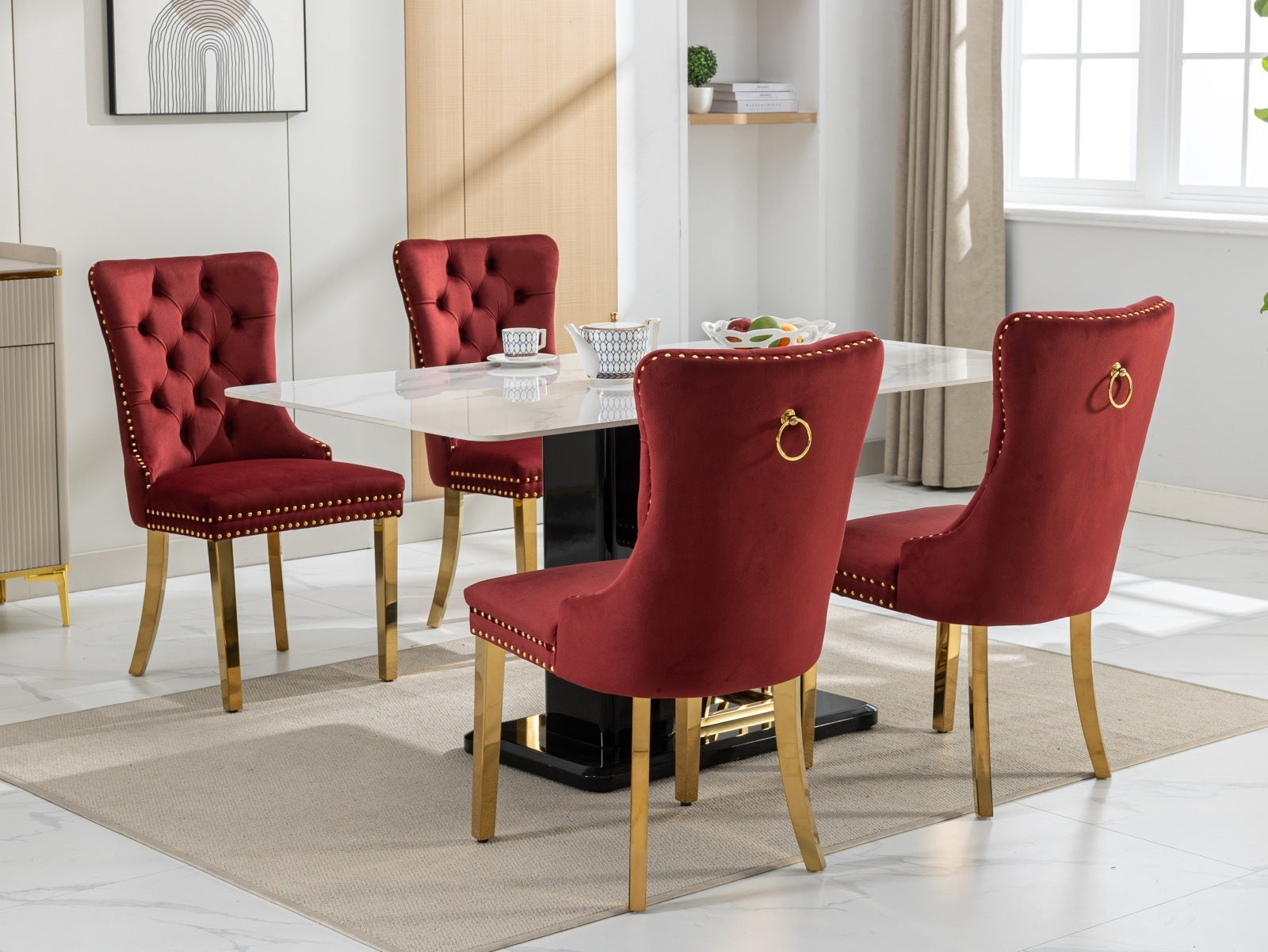 HAOYYE Nikki Collection Modern, High-end Tufted Solid Wood Contemporary Velvet Upholstered Dining Chair with Golden Stainless Steel Plating Legs,Nailhead Trim,Set of 2,Wine Red and Gold, SW1601WR,Burgundy