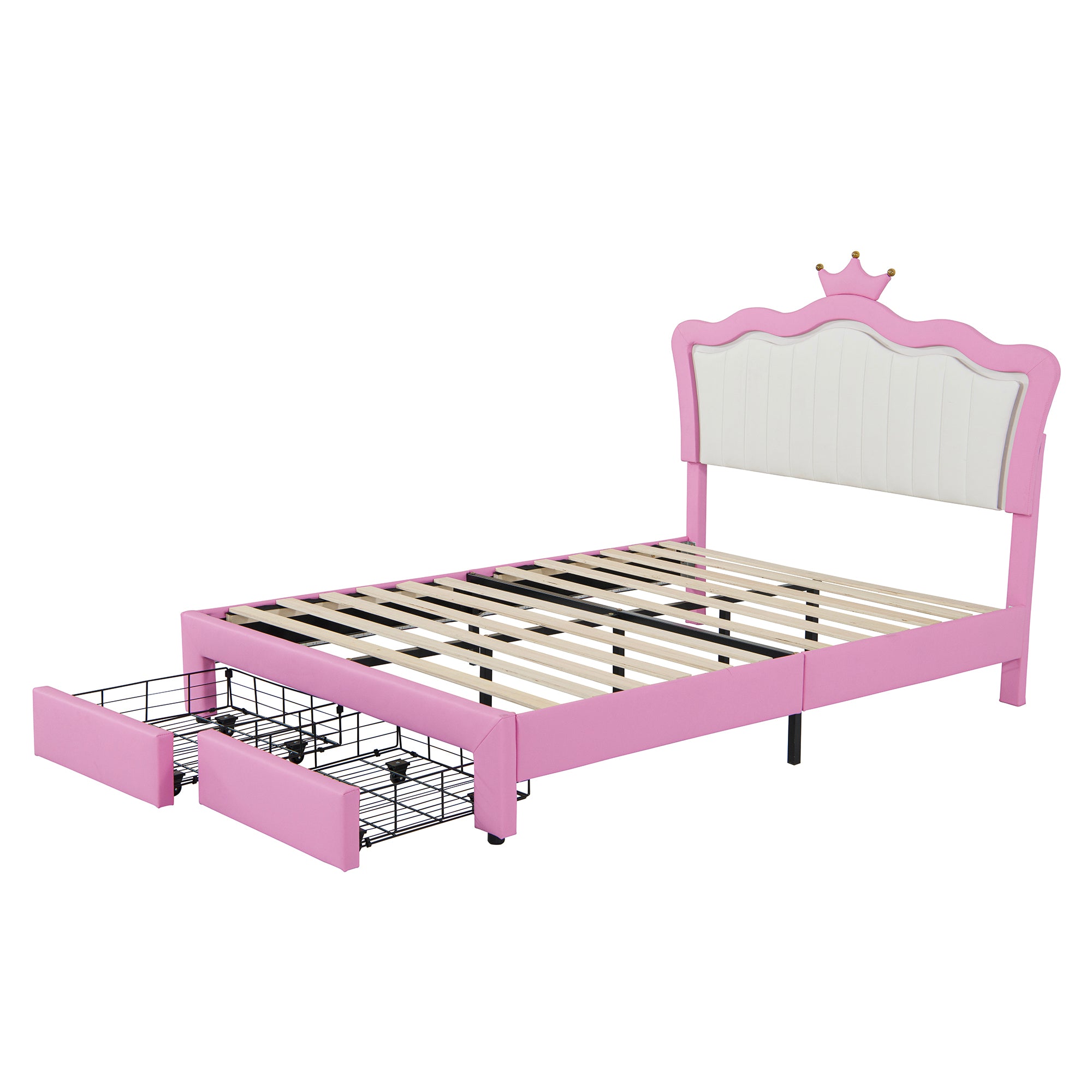 HAOYYE Full Size Upholstered Bed Frame With LED Lights, Modern Princess Bed With Crown Headboard And 2 Drawers, Pink And White, Sturdy Space-Saving Heavy Duty Design For Adults And Dorm Rooms