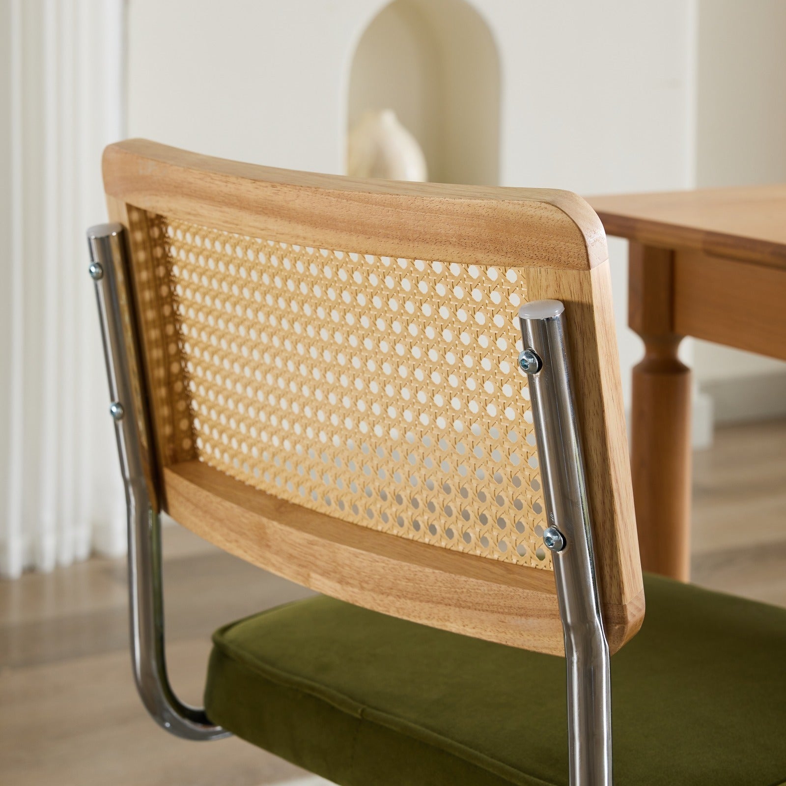HAOYYE Mid Century Modern Dining Chairs Set of 2, Velvet Accent Chairs with Natural Cane Back & Stainless Chrome Base, Famous Breuer Designed Chairs, Upholstered Rattan Kitchen Chairs,Olive-Green Sturdy