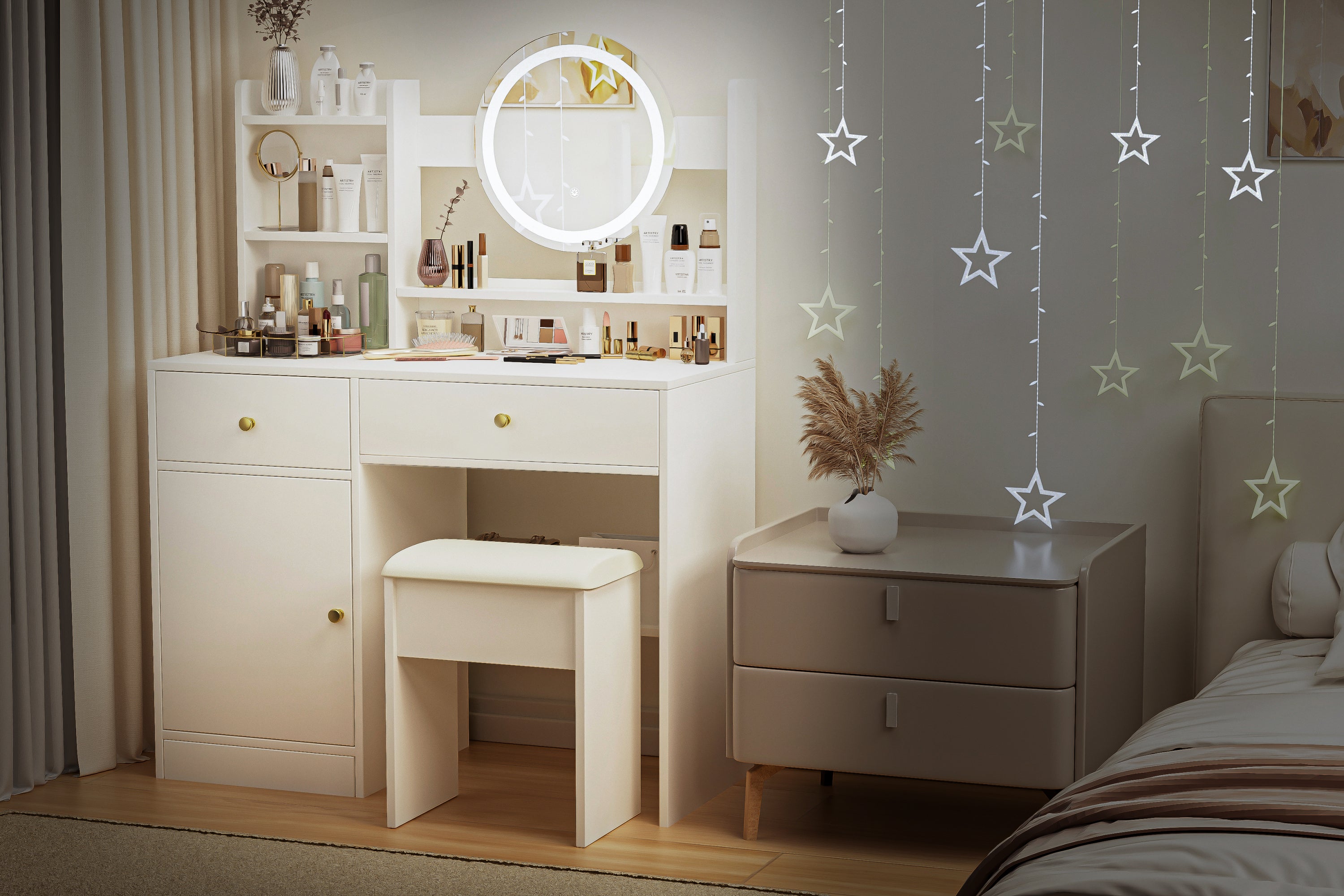 HAOYYE Fashion Vanity Desk with Mirror and Lights for Makeup and Cushioned Chair, Vanity Mirror with Lights and Table Set with 3 Color Lighting Brightness Adjustable,Dressing table, White Color Sturdy