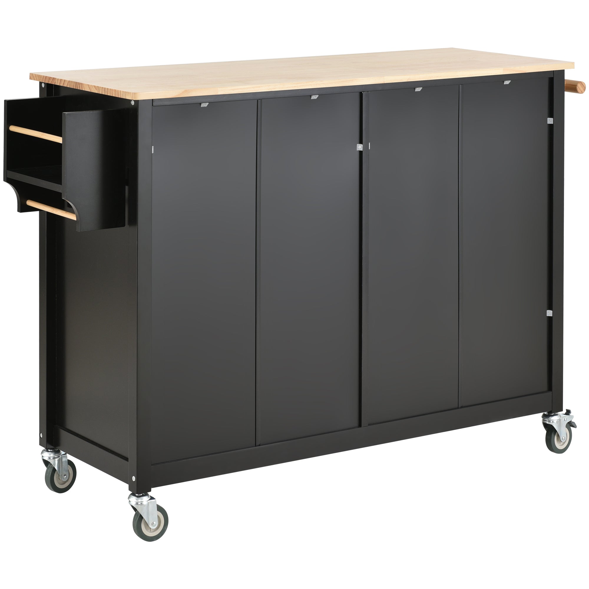HAOYYE Kitchen Island Cart with Solid Wood Top, 4-Door Cabinet, Two Drawers, Spice Rack, and Towel Rack, Black Modern Kitchen Storage, Heavy Duty, Space-Saving Design, Mobile Island for Kitchen or Dining Room