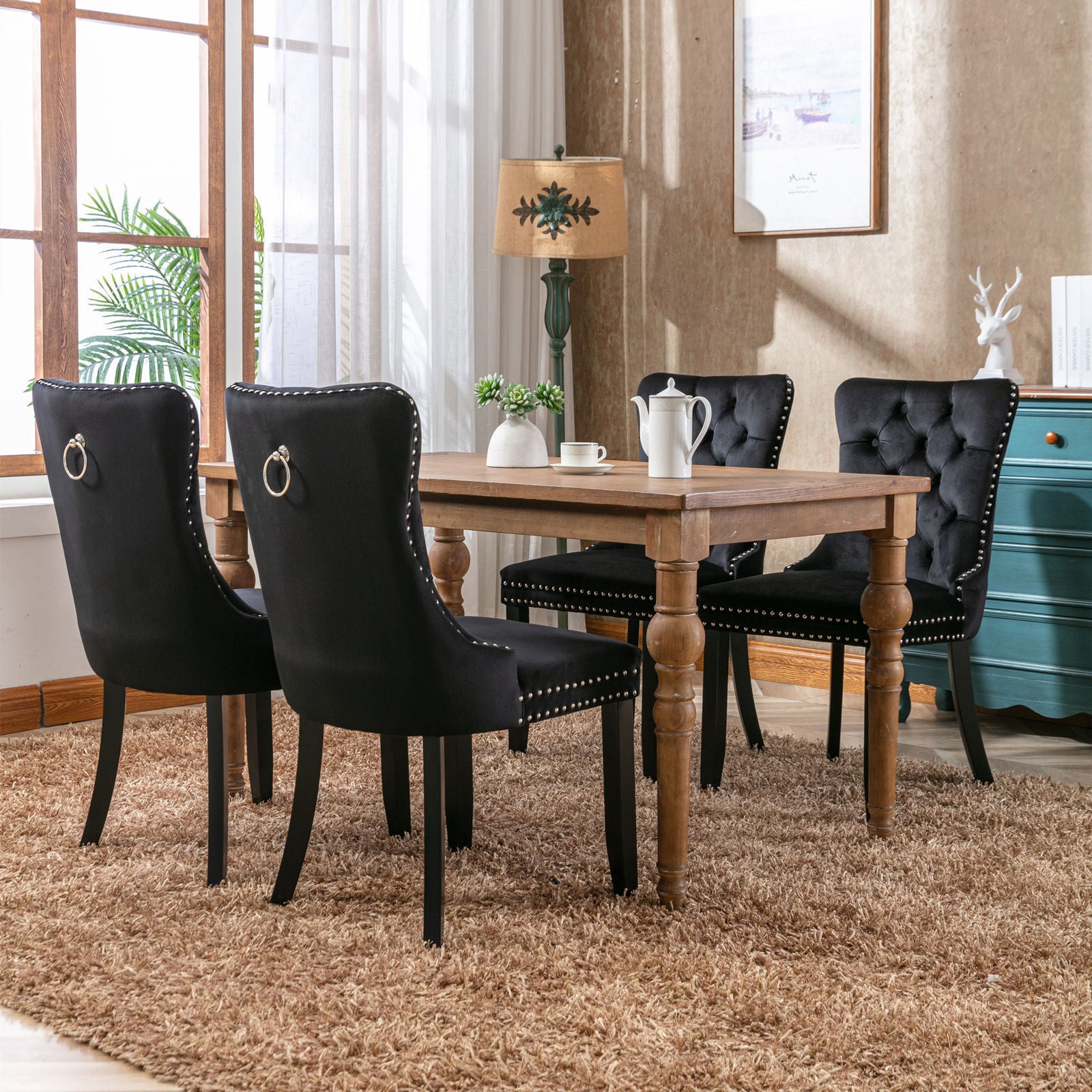 HAOYYE High-end Tufted Solid Wood Contemporary Velvet Upholstered Dining Chair with Wood Legs Nailhead Trim 2-Pcs Set, Black, SW2001BK Sturdy Space-Saving Heavy Duty Modern Design