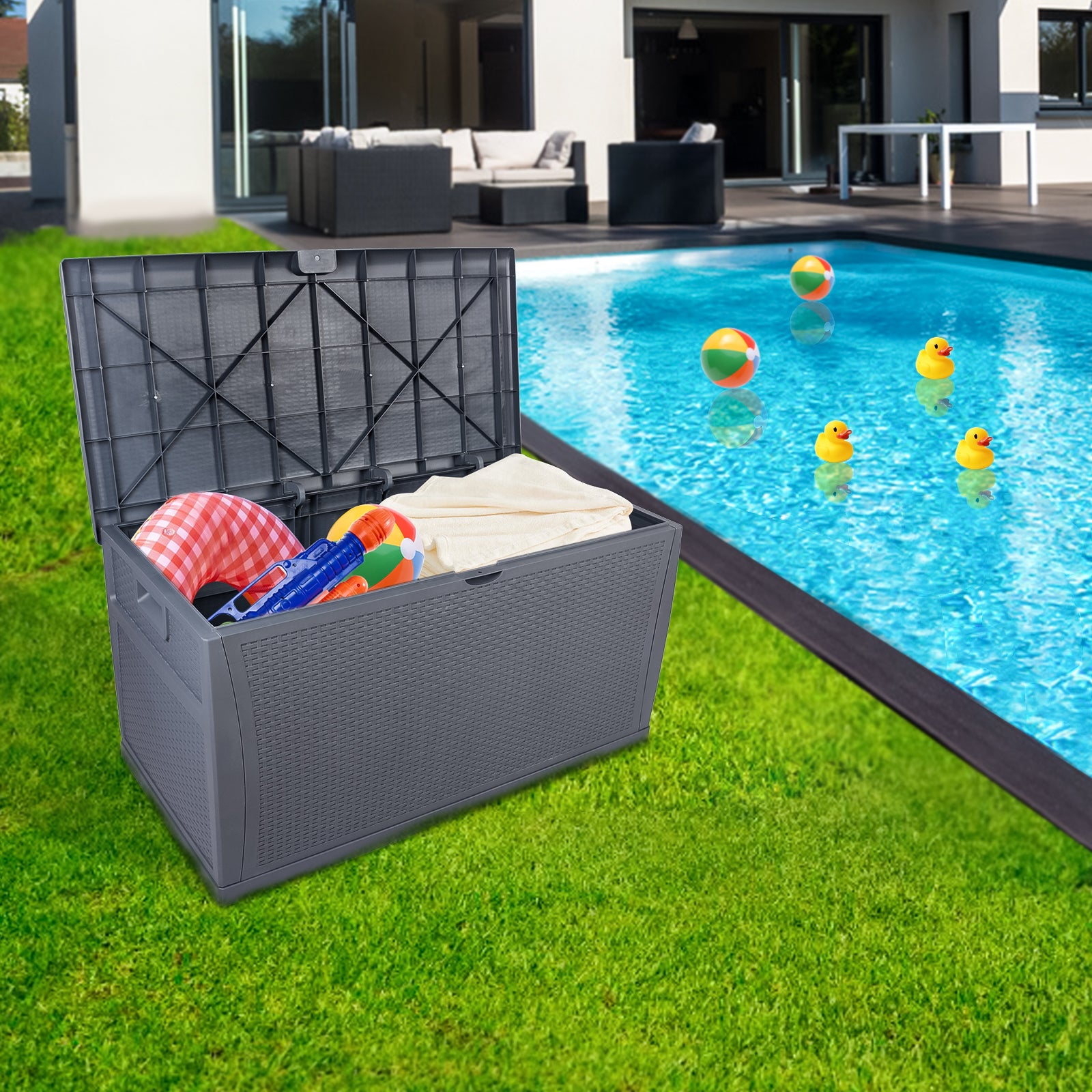 HAOYYE 120 Gallon Outdoor Plastic Storage Deck Box Waterproof Lockable Garden Chest with Lid for Patio Tools Cushions Pool Accessories Toys Backyard Bench Style Container with Seating Function 460 Liter Capacity