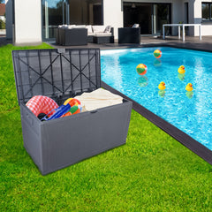 HAOYYE 120 Gallon Outdoor Plastic Storage Deck Box Waterproof Lockable Garden Chest with Lid for Patio Tools Cushions Pool Accessories Toys Backyard Bench Style Container with Seating Function 460 Liter Capacity