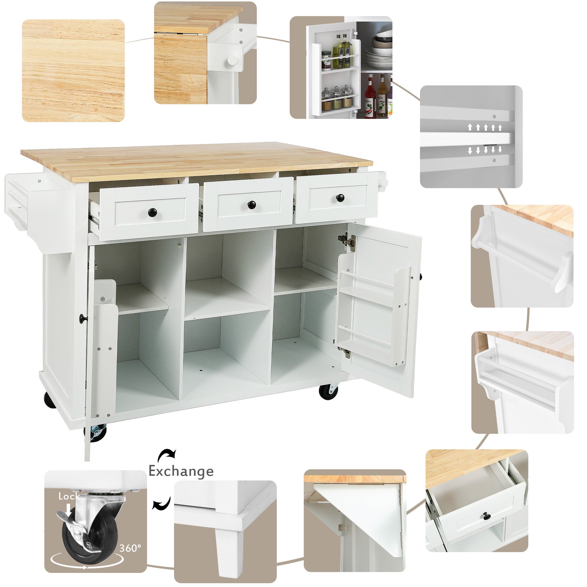 HAOYYE Kitchen Cart with Rubber wood Drop-Leaf Countertop ,Cabinet door internal storage racks,Kitchen Island on 5 Wheels with Storage Cabinet and 3 Drawers for Dinning Room,White Sturdy Space-Saving Durable