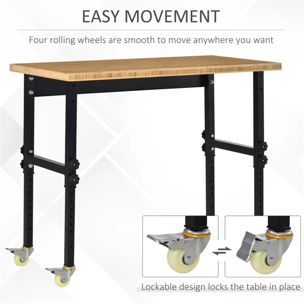 HAOYYE Garage Work Bench with Wheels and Adjustable Legs Bamboo Top Workstation Heavy Duty Rolling Tool Table for Workshop Garage Home Office Storage and Organization