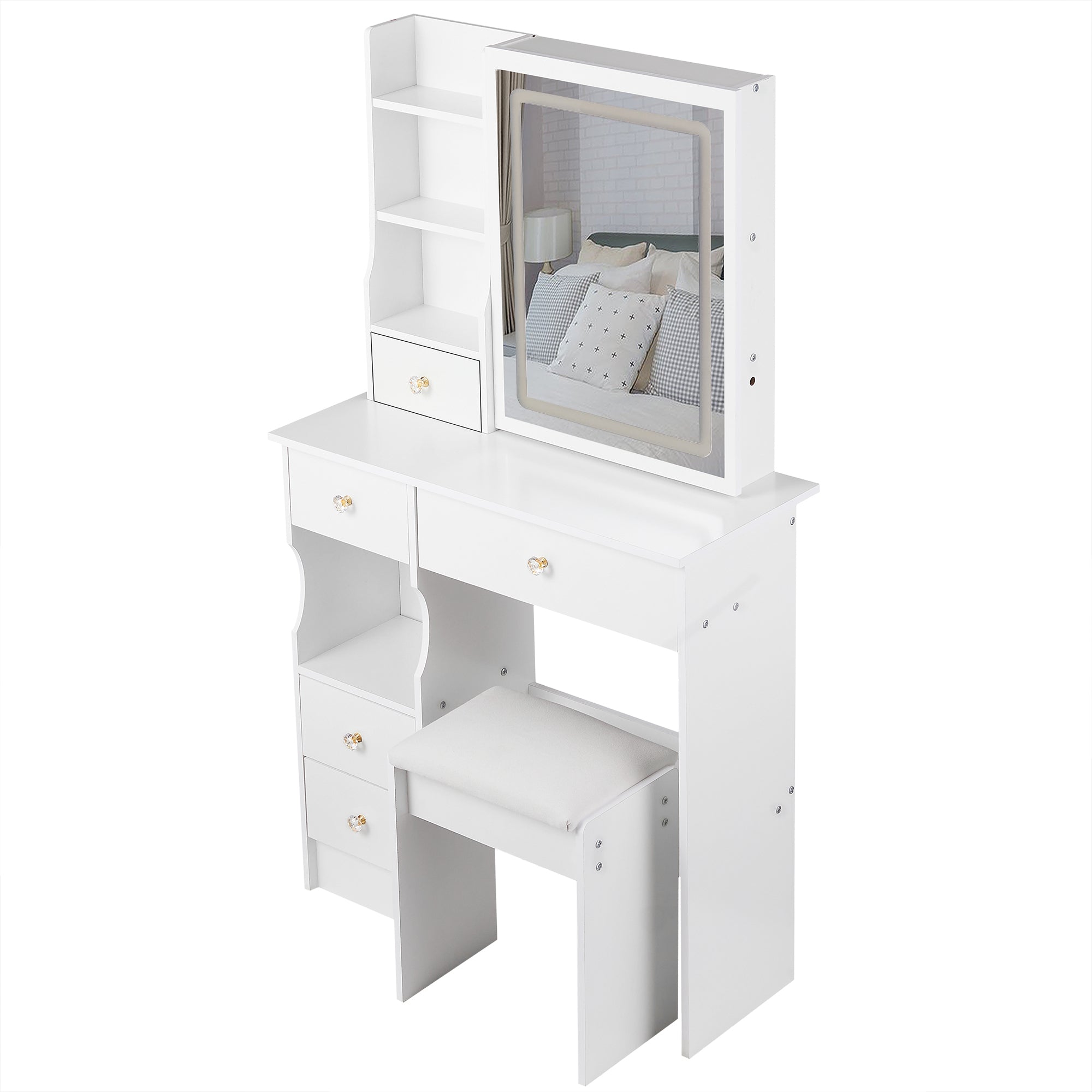 HAOYYE Small Left Drawer Desktop Vanity Table with Cushioned Stool, Touch Control Sliding LED Mirror, Tri-Color Lighting, Brightness Adjustment, Multi-Layer Storage, Ideal for Small Spaces