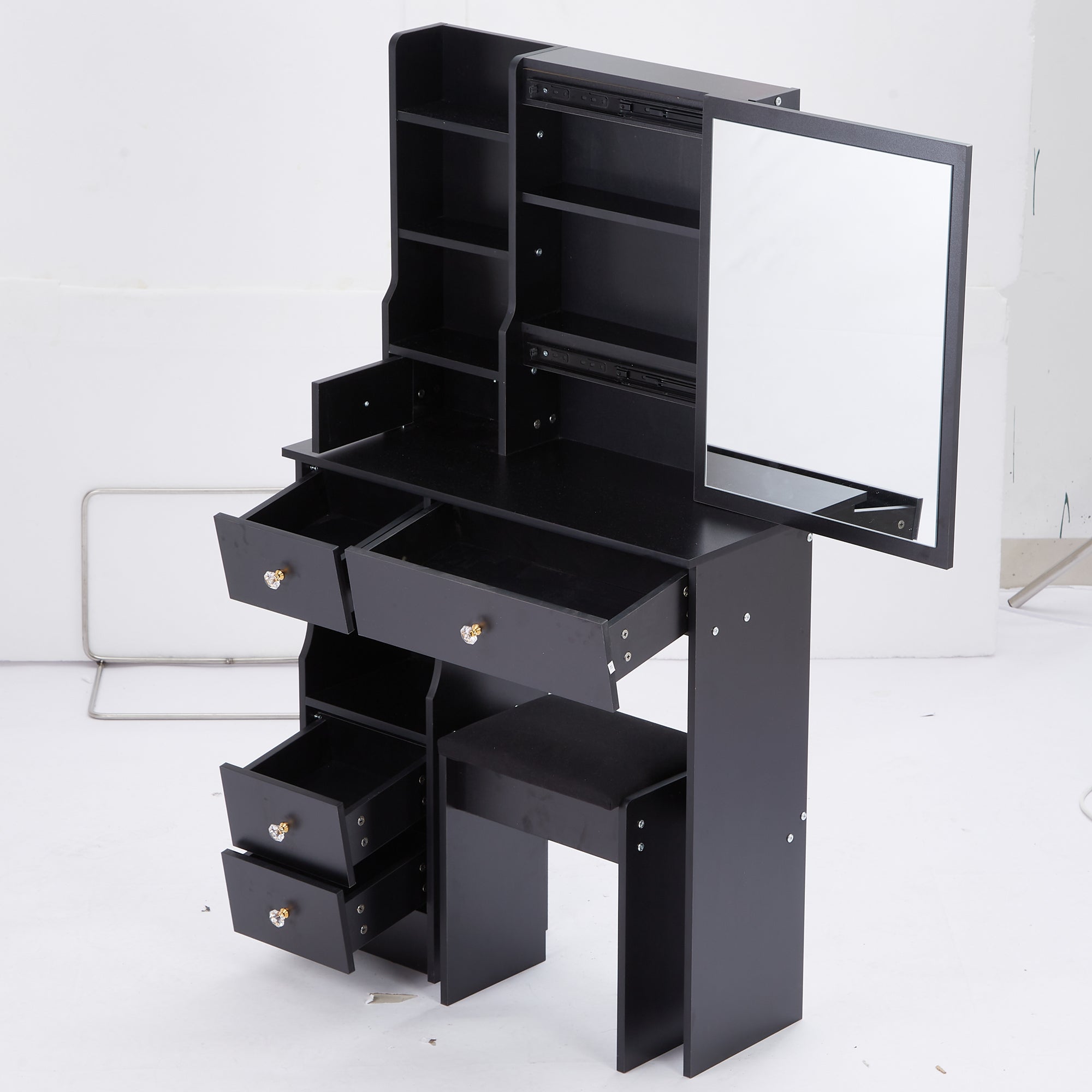 HAOYYE Small Size Left Drawer Desktop Vanity Table + Cushioned Stool, Extra Large Sliding Mirror, Multi Layer, High Capacity Storage Fashionable Dresser, Suitable for Small Space, EPA,GCC,UL Certificate