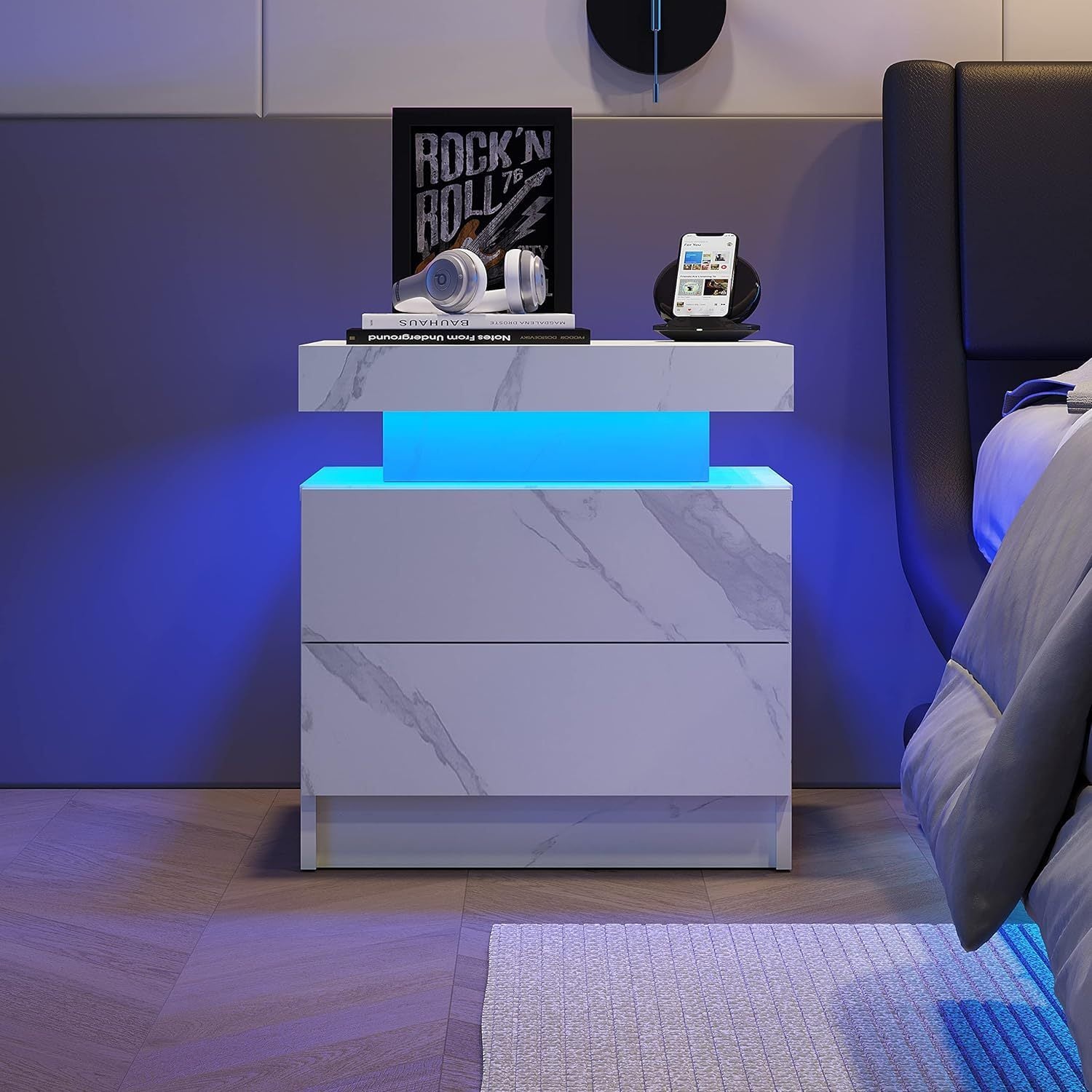 HAOYYE LED Nightstand Bedside Table Cabinet with 2 Drawers, Modern White Stone End Table for Bedroom, Sturdy Space-Saving Heavy Duty Construction, Ideal for Adults and Dorm Rooms, Easy Assembly