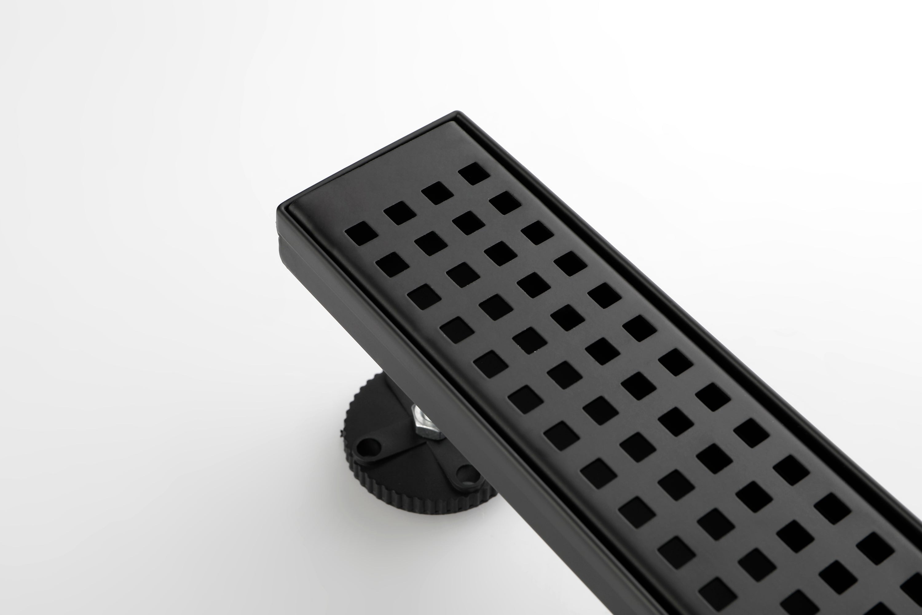 HAOYYE Linear Shower Drain with Removable Quadrato Pattern Grate, 304 Stainless Shower Drain Included Hair Strainer and Leveling Feet Sturdy Space-Saving Heavy Duty Modern Design Adults Dorm Room