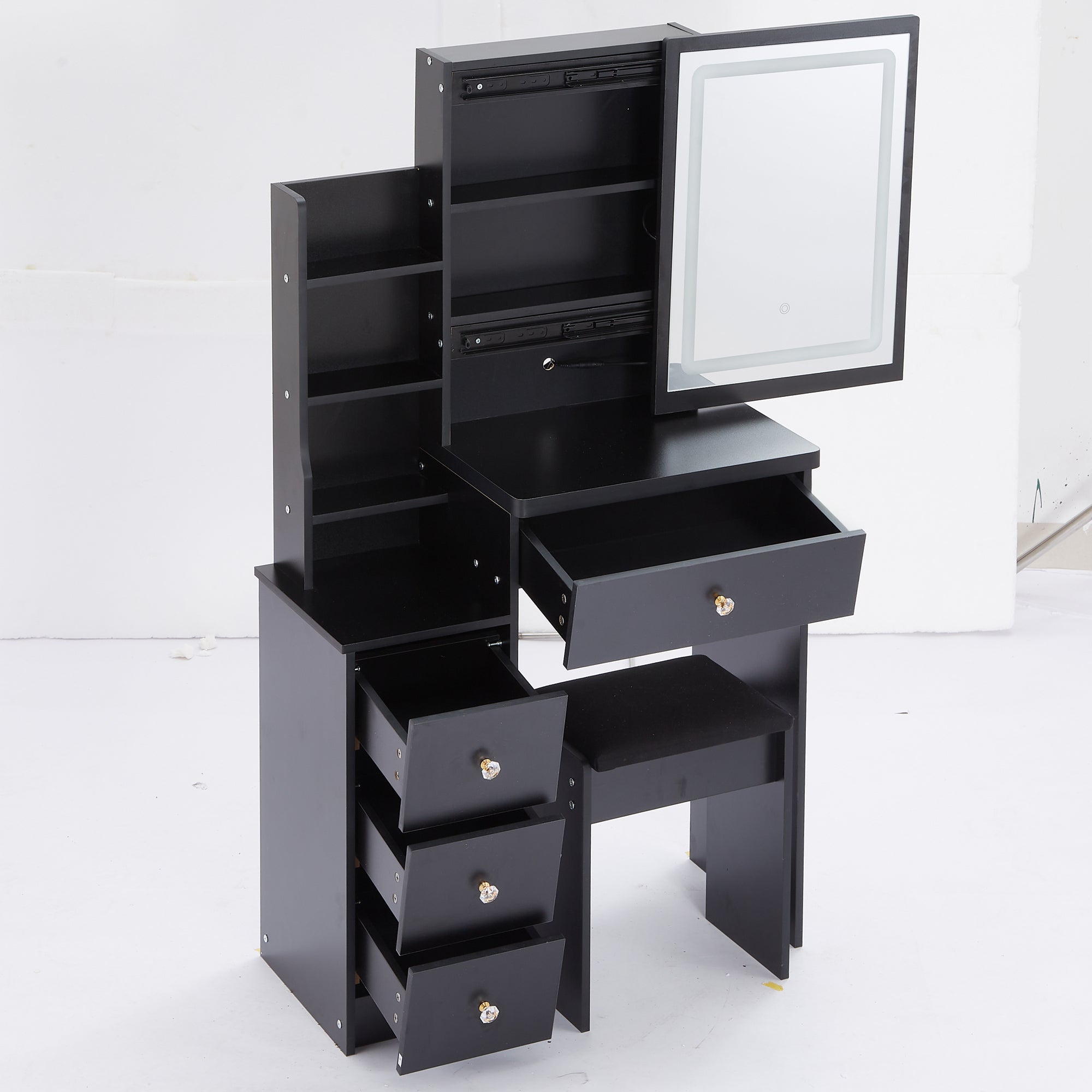 HAOYYE Small Size Left Bedside Cabinet Vanity Table + Cushioned Stool, Touch Control Sliding LED Mirror, Tri-color Switching, Brightness Adjust, Multi Layer, Suitable for Small Space, EPA,GCC,UL Certificate