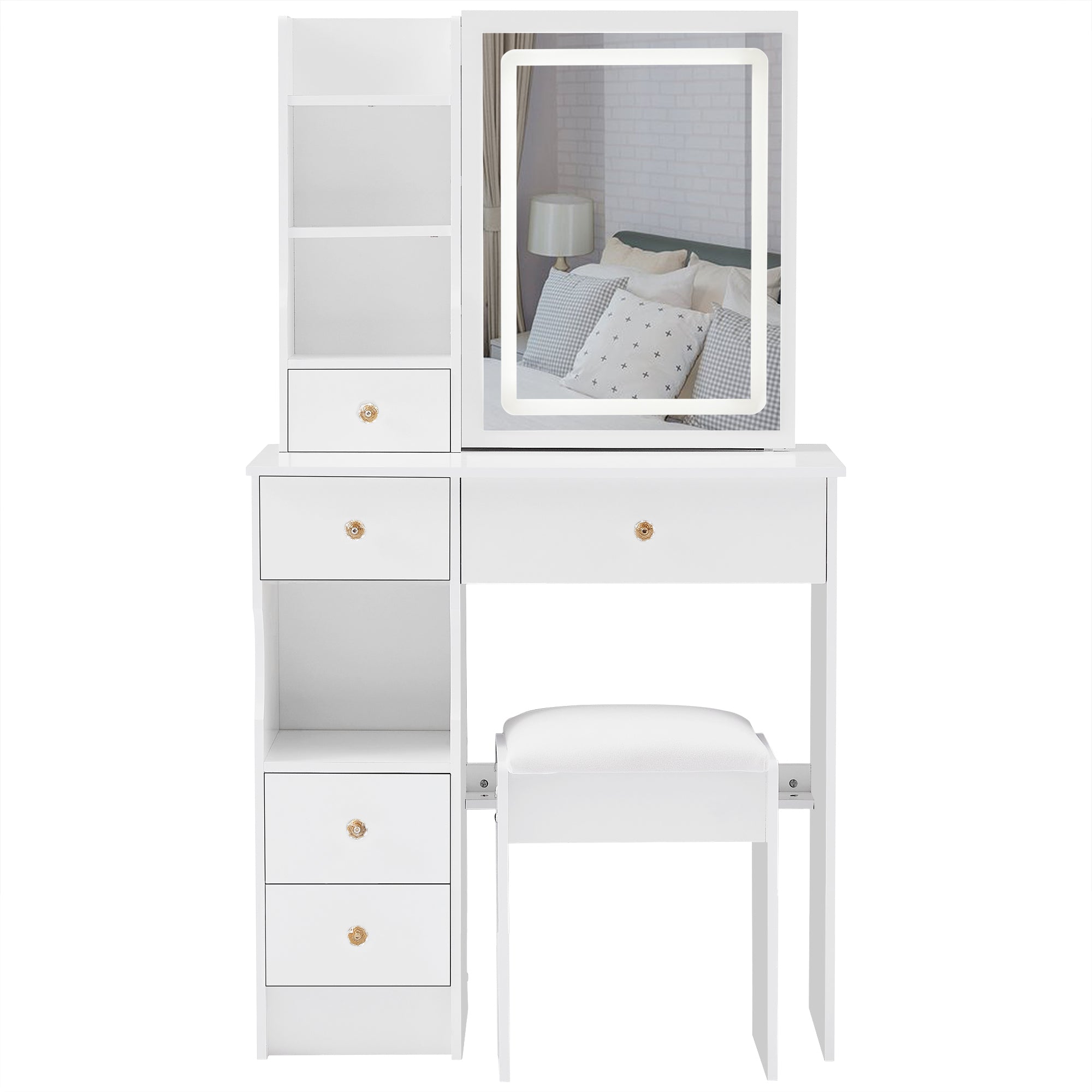 HAOYYE Small Left Drawer Desktop Vanity Table with Cushioned Stool, Touch Control Sliding LED Mirror, Tri-Color Lighting, Brightness Adjustment, Multi-Layer Storage, Ideal for Small Spaces