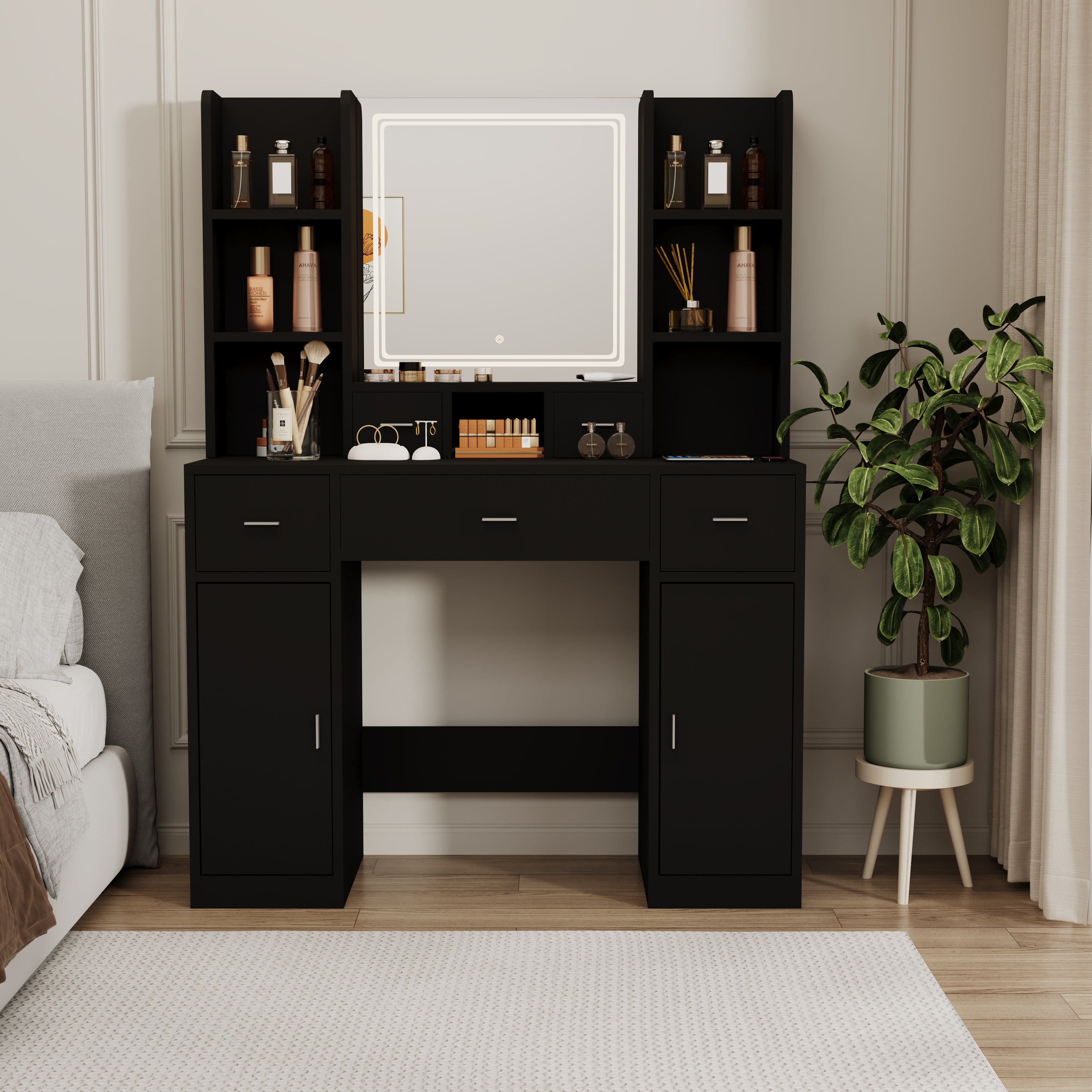 HAOYYE Smart Mirror Dressing Table With Drawers And Storage Cabinet, Modern Vanity Desk With Cushioned Stool, Stylish And Sturdy Space-Saving Design For Bedroom Or Dressing Room, Heavy Duty Construction