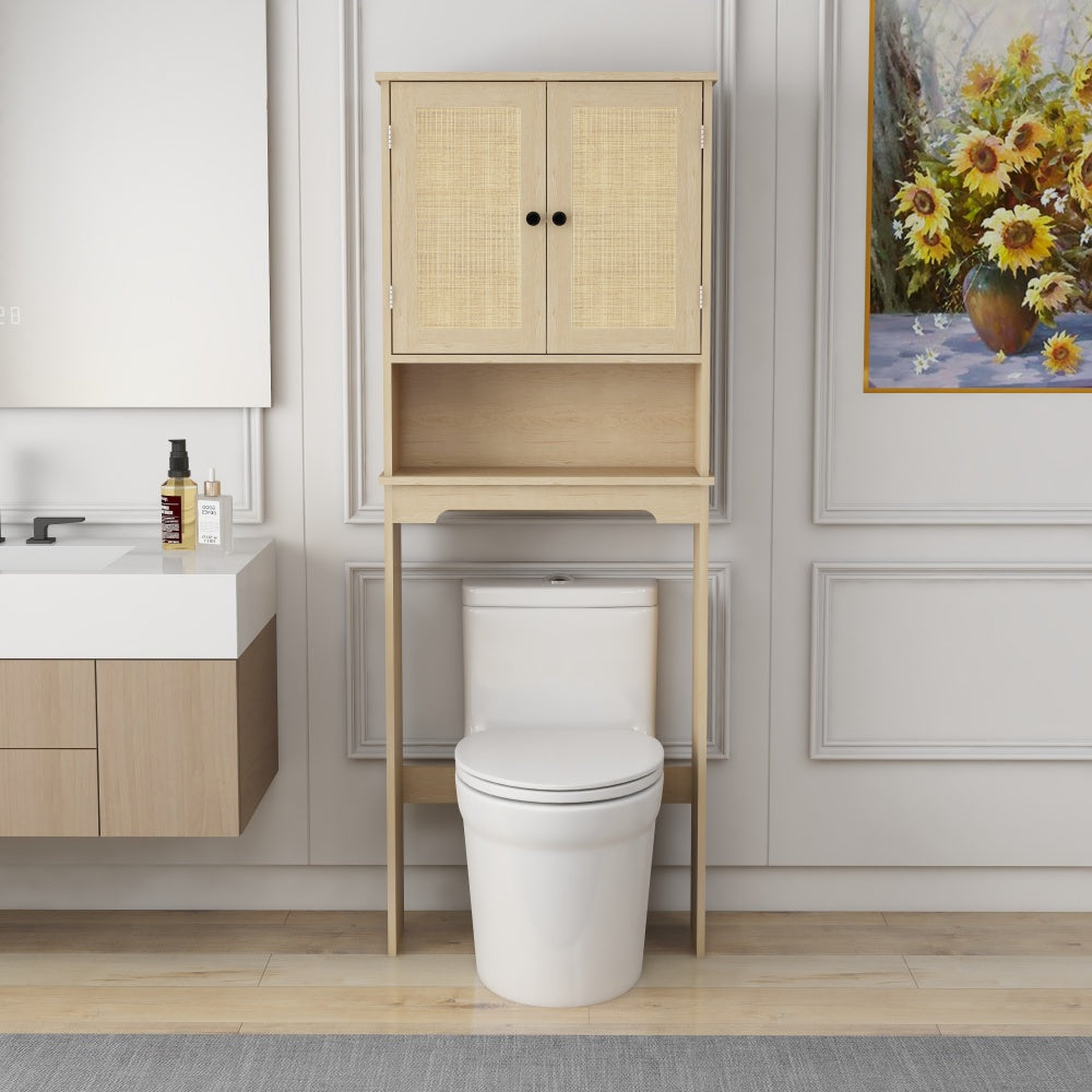 HAOYYE Over The Toilet Storage Cabinet With Adjustable Shelves And Open Storage Shelf, Bathroom Organizer With Two Rattan Doors, Natural Wood Finish, Space-Saving Bathroom Storage Solution For Towels, Toiletries, And More