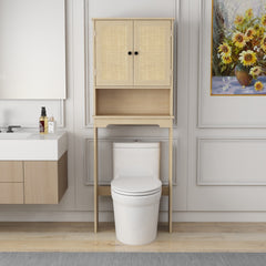 HAOYYE Over The Toilet Storage Cabinet With Adjustable Shelves And Open Storage Shelf, Bathroom Organizer With Two Rattan Doors, Natural Wood Finish, Space-Saving Bathroom Storage Solution For Towels, Toiletries, And More