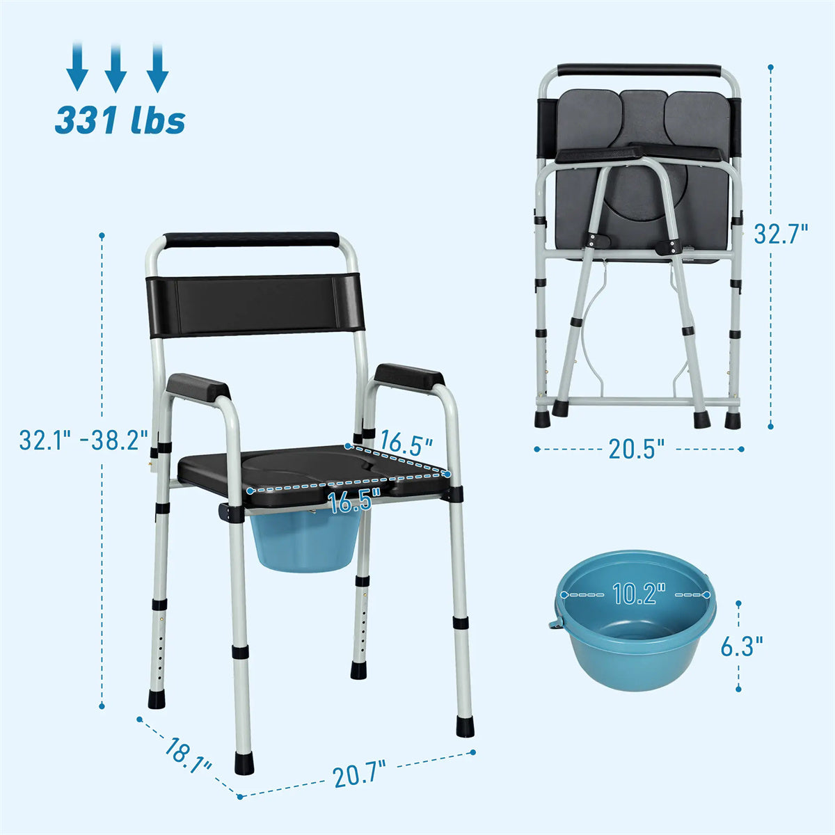 HAOYYE Black Multi-Functional Portable Toilet Chair With Adjustable Height, Lightweight Foldable Commode Chair for Bathroom, Shower, and Elderly Assistance, Durable Steel Frame and Comfortable Padded Seat for Easy Mobility and Hygiene