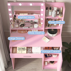 HAOYYE Vanity Desk with Mirror & Light, Large Drawer Three Level Storage Dresser, 3 Lighting Modes Adjustable Brightness, Bedroom Dressing Table(Pink) with modern design, luxury style, durable.