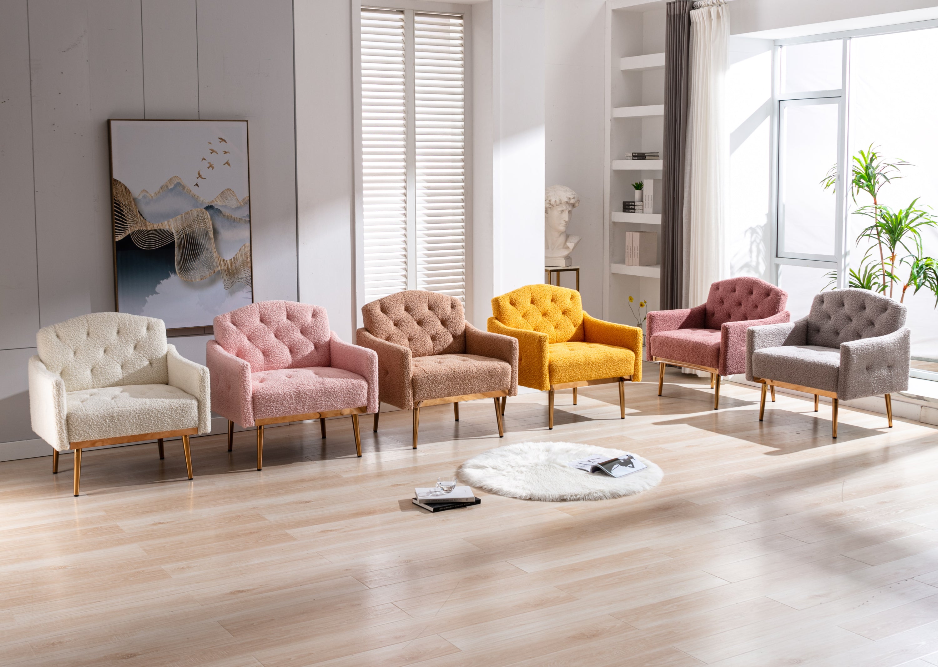 HAOYYE Modern Accent Chair with Arms, Tufted Decorative Fabric Armchair with Gold Metal Legs, Upholstered Reading Chair for Living Room Bedroom Office (White Teddy) Sturdy Space-Saving Heavy Duty