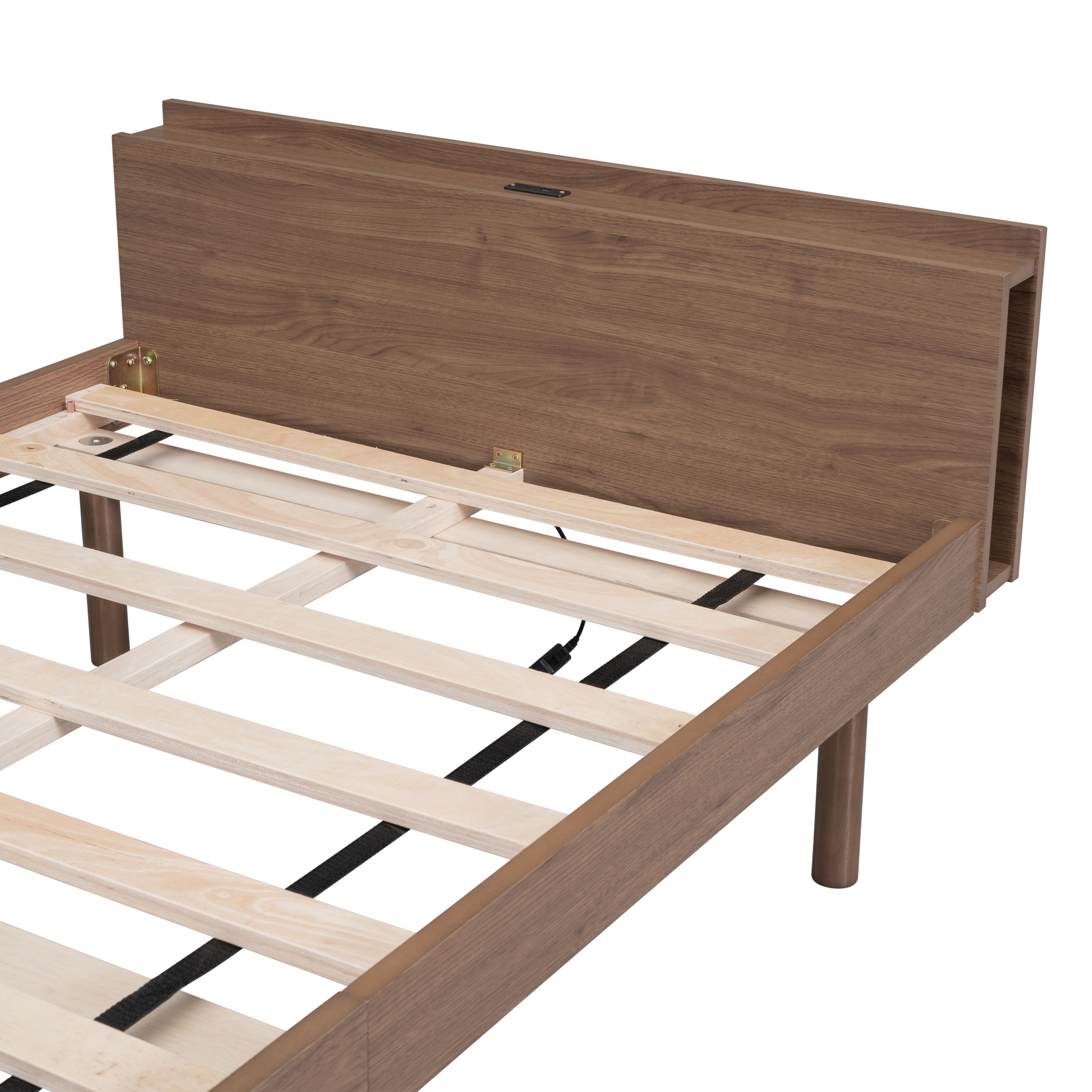 HAOYYE Modern Design Twin Size Platform Bed Frame with Built-in USB port for Walnut Color Sturdy Space-Saving Heavy Duty Easy Assembly Durable Stylish Home Furniture Versatile