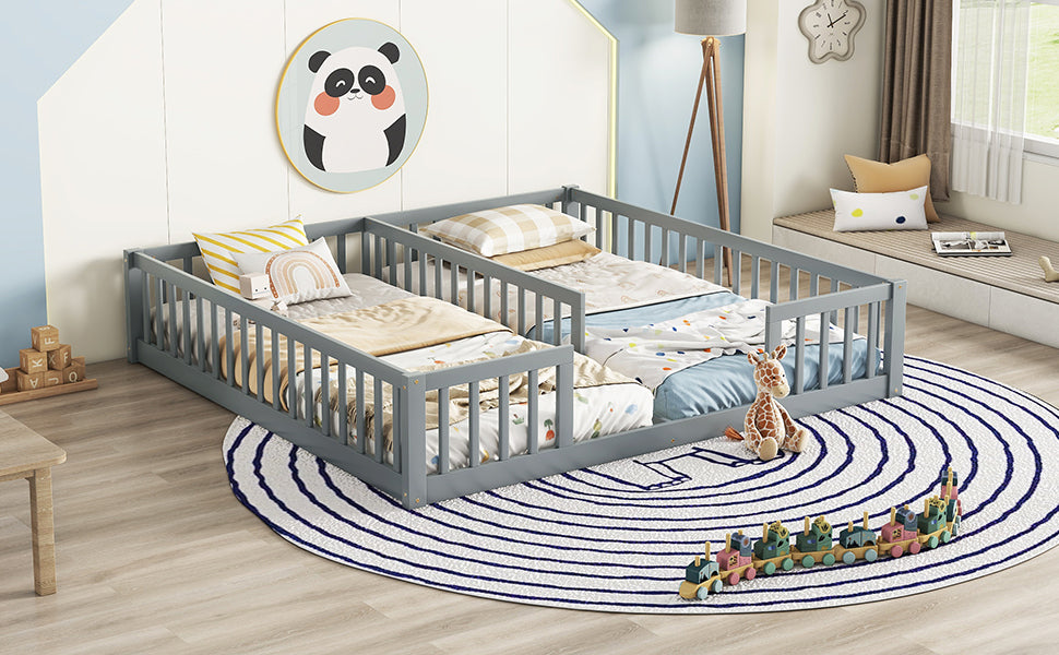 HAOYYE Double Twin Floor Bed with Fence, Guardrails, without door, Grey Sturdy Space-Saving Heavy Duty Modern Design Easy Assembly Durable Stylish Home Furniture Versatile
