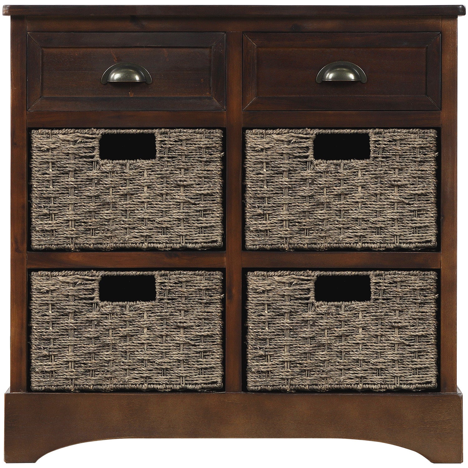 HAOYYE Rustic Storage Cabinet with Two Drawers and Four Classic Rattan Baskets for Dining Room or Living Room, Espresso, Sturdy Space-Saving Design, Heavy Duty Construction, Easy Assembly, Durable and Stylish Home Furniture